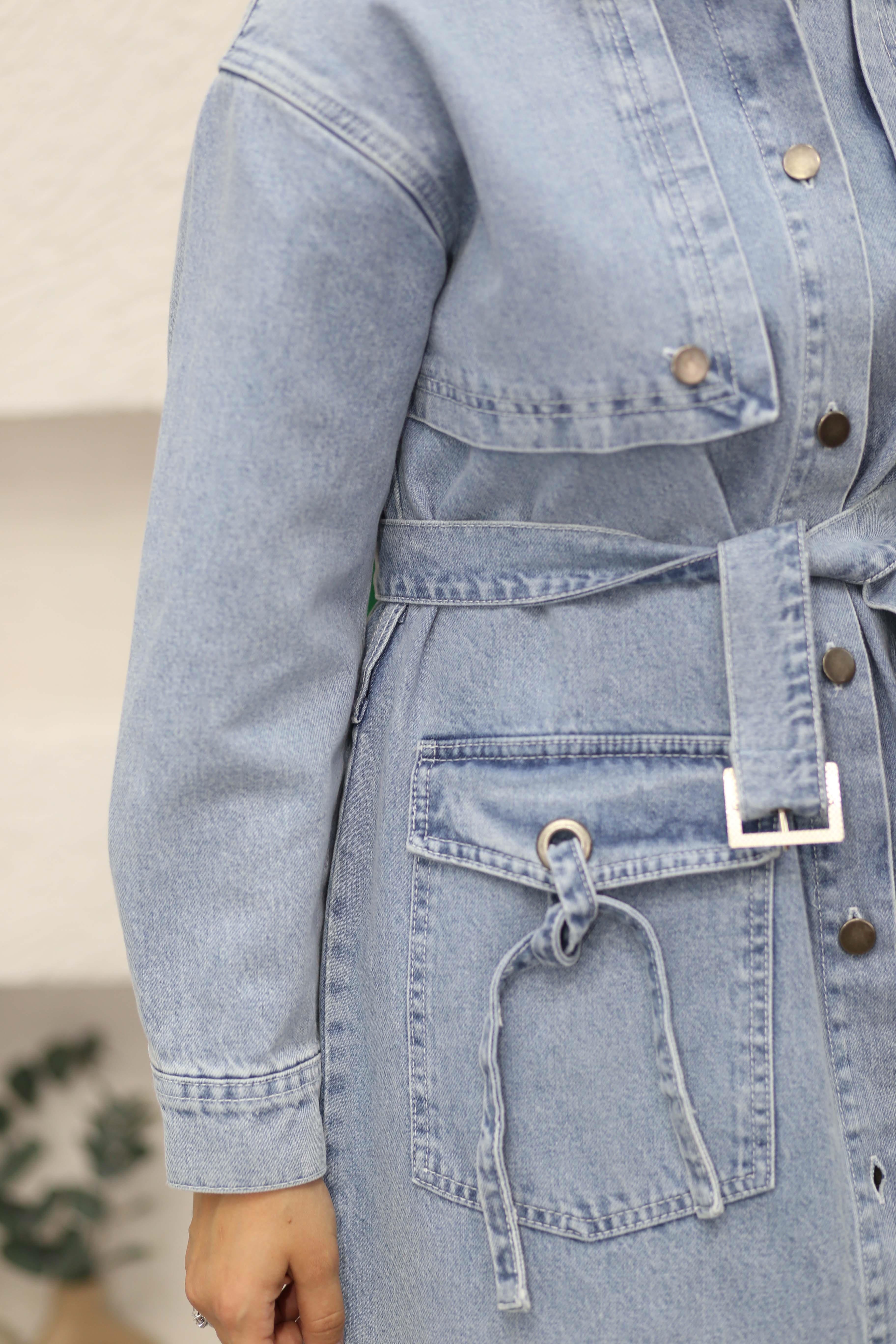 Cep Bağcıklı Uzun Trençkot Açık Mavi 7190