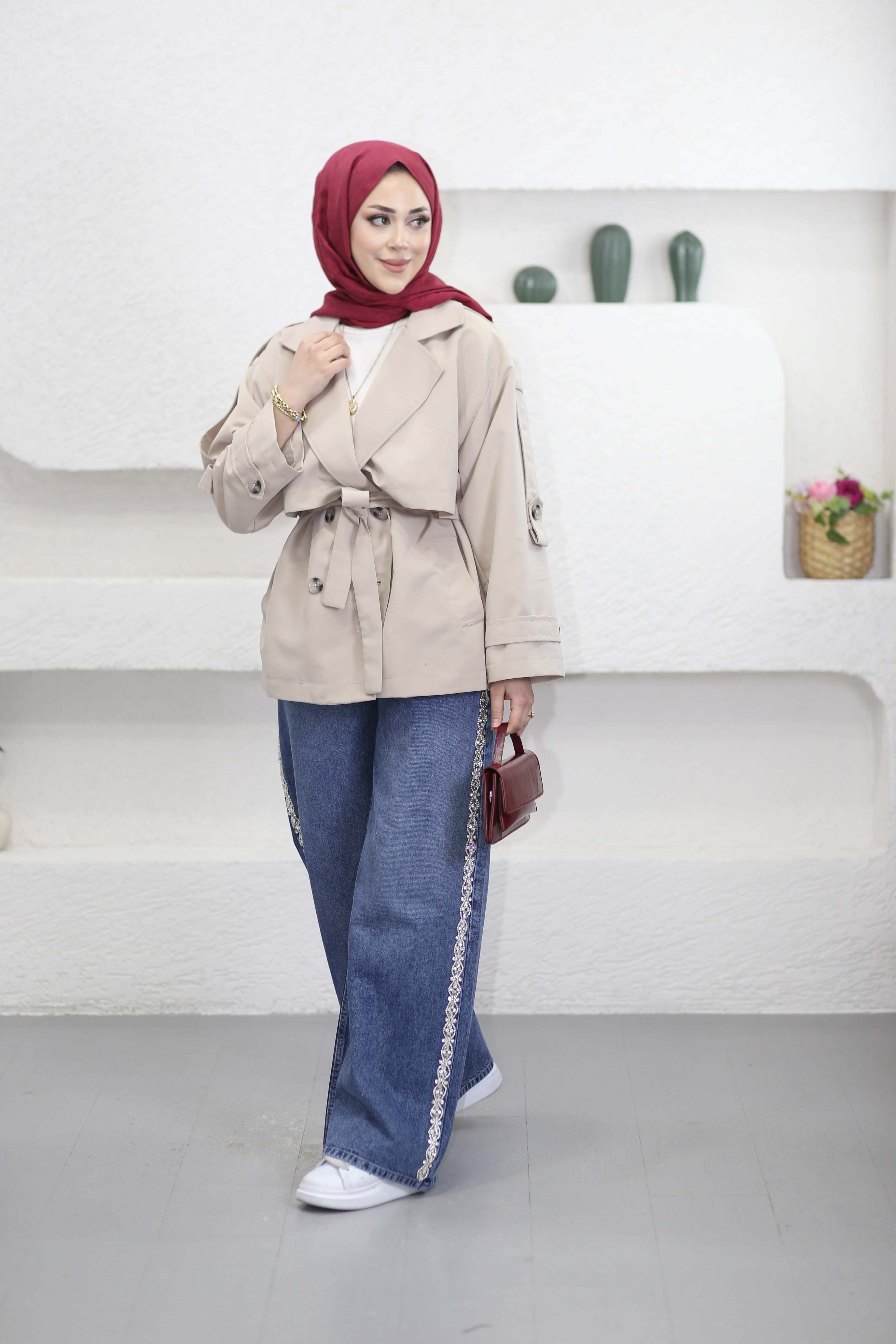 Kuşaklı Kısa Trençkot Bej 40112