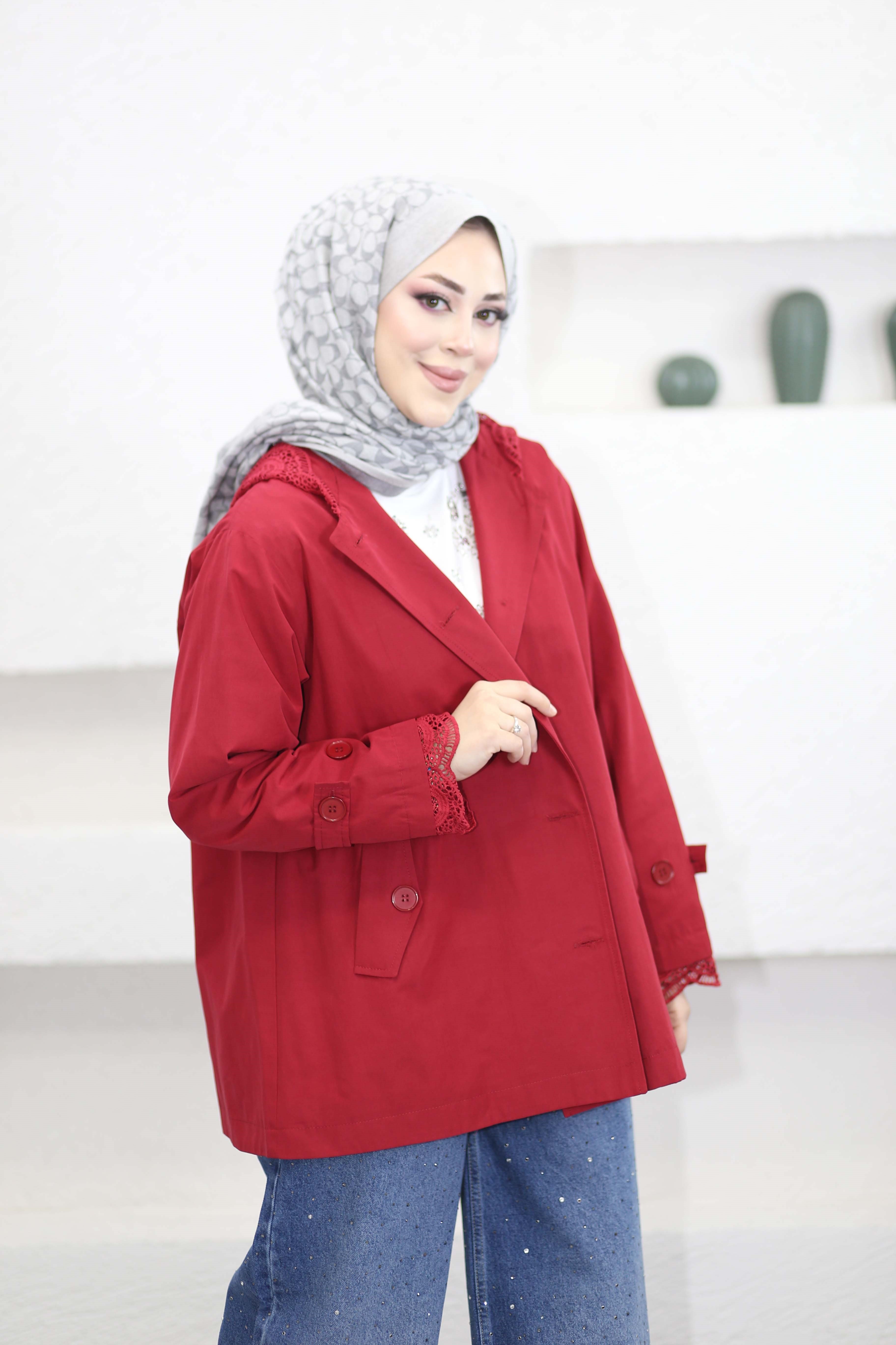 Dantel Kapşonlu Trençkot Kırmızı 99719