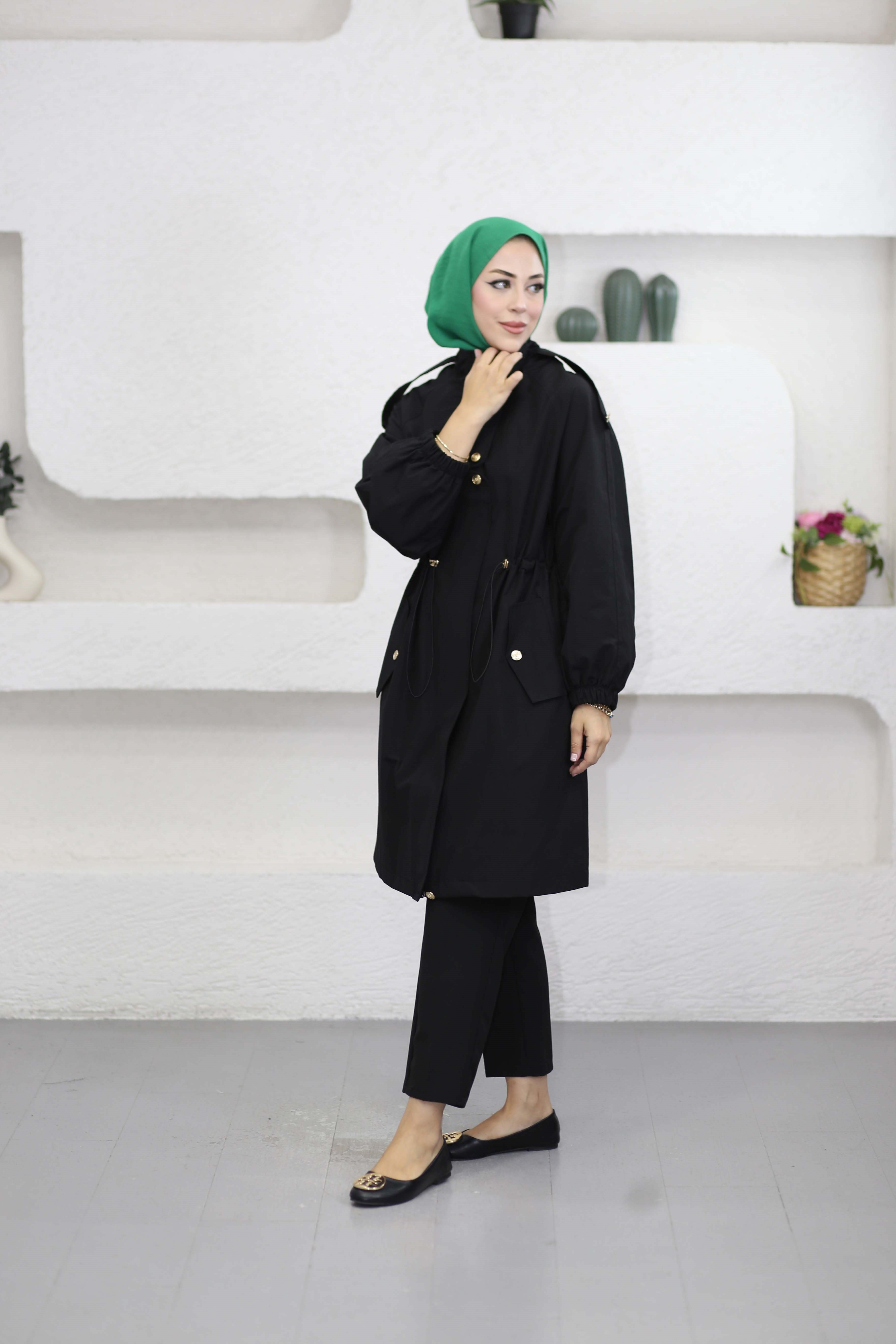 Beli Büzgülü Trençkot Siyah 8741