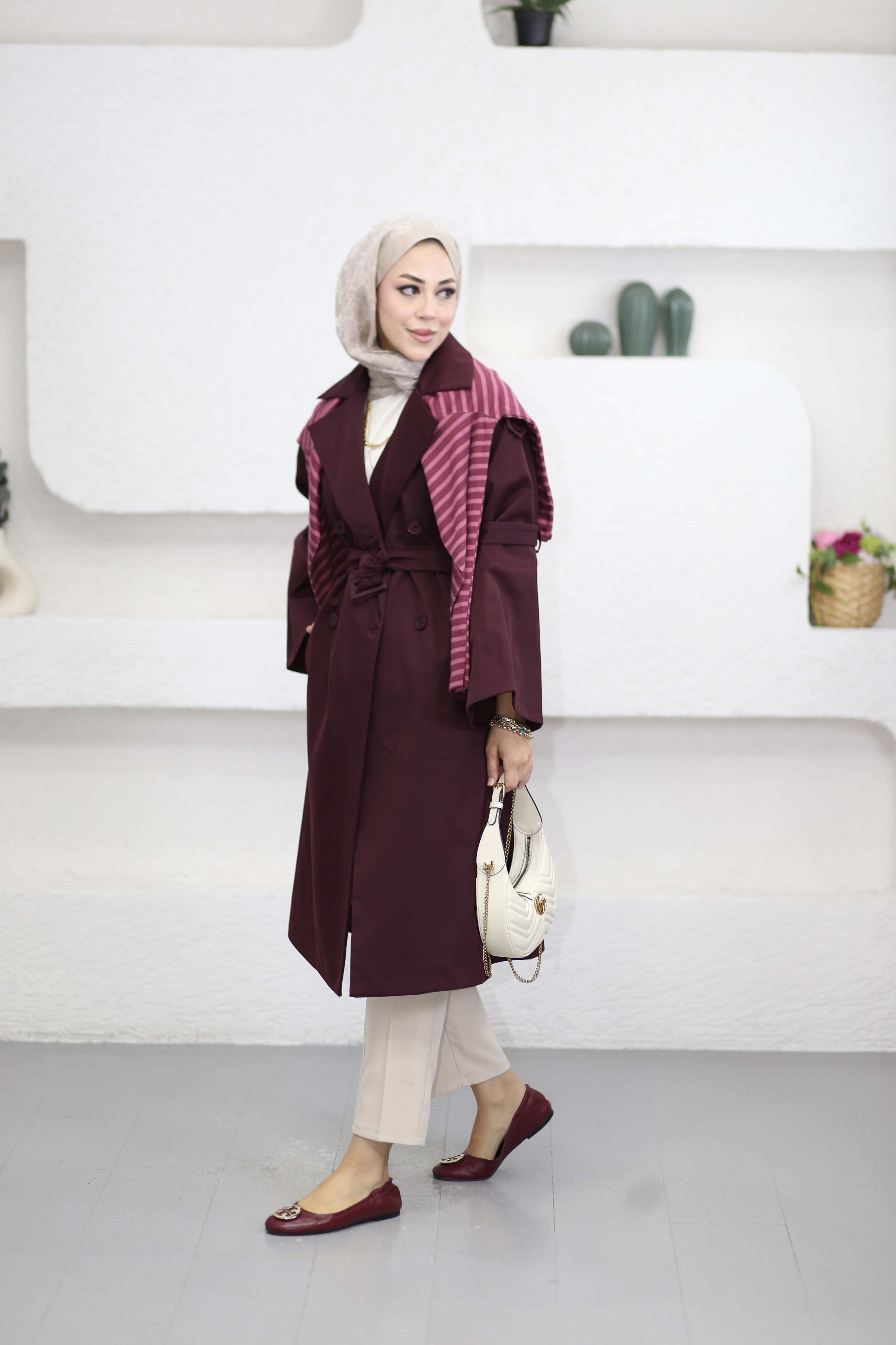 Kol Kuşak Detaylı Trençkot Bordo 2889