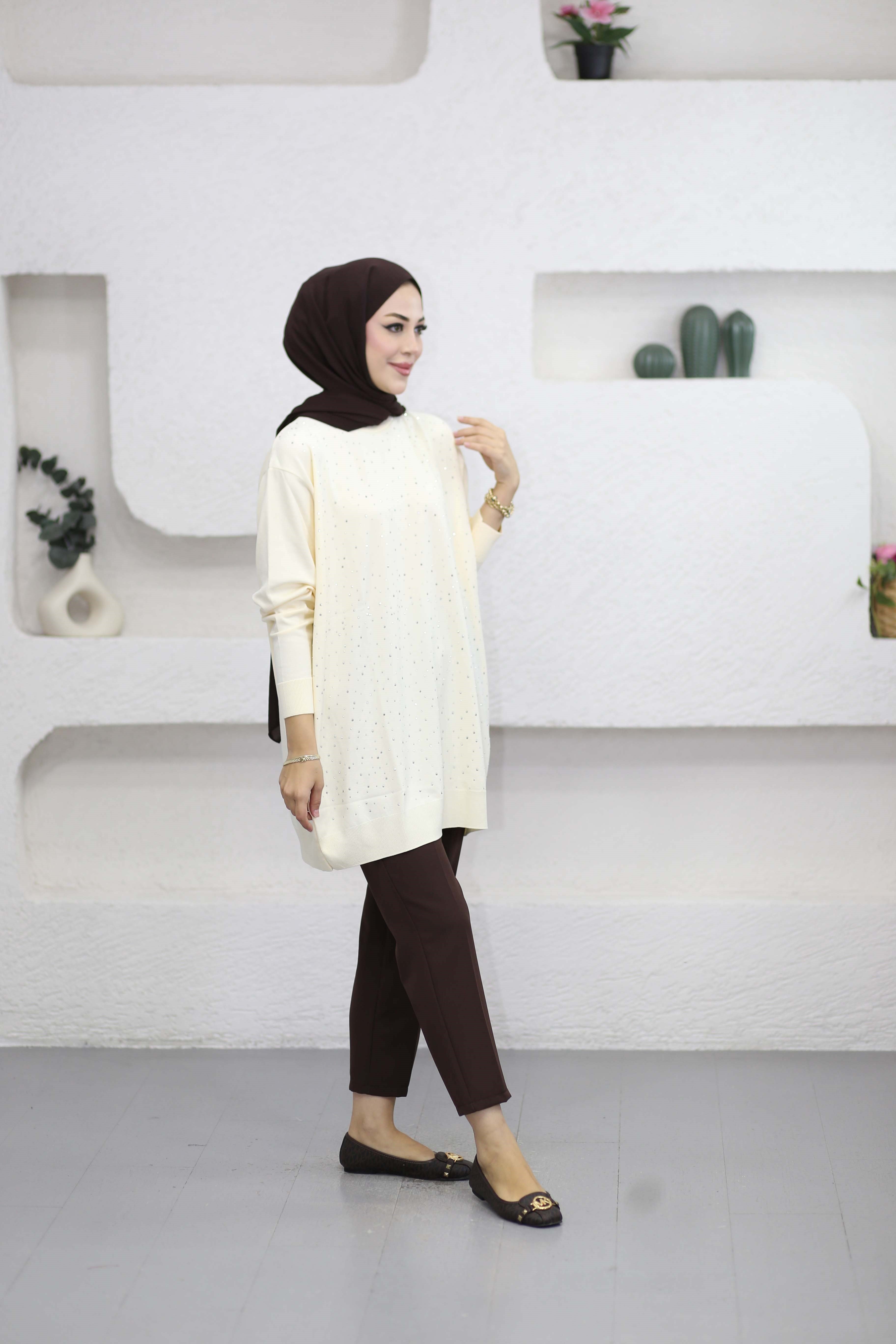 Taşlı Merserize Tunik Krem 2570