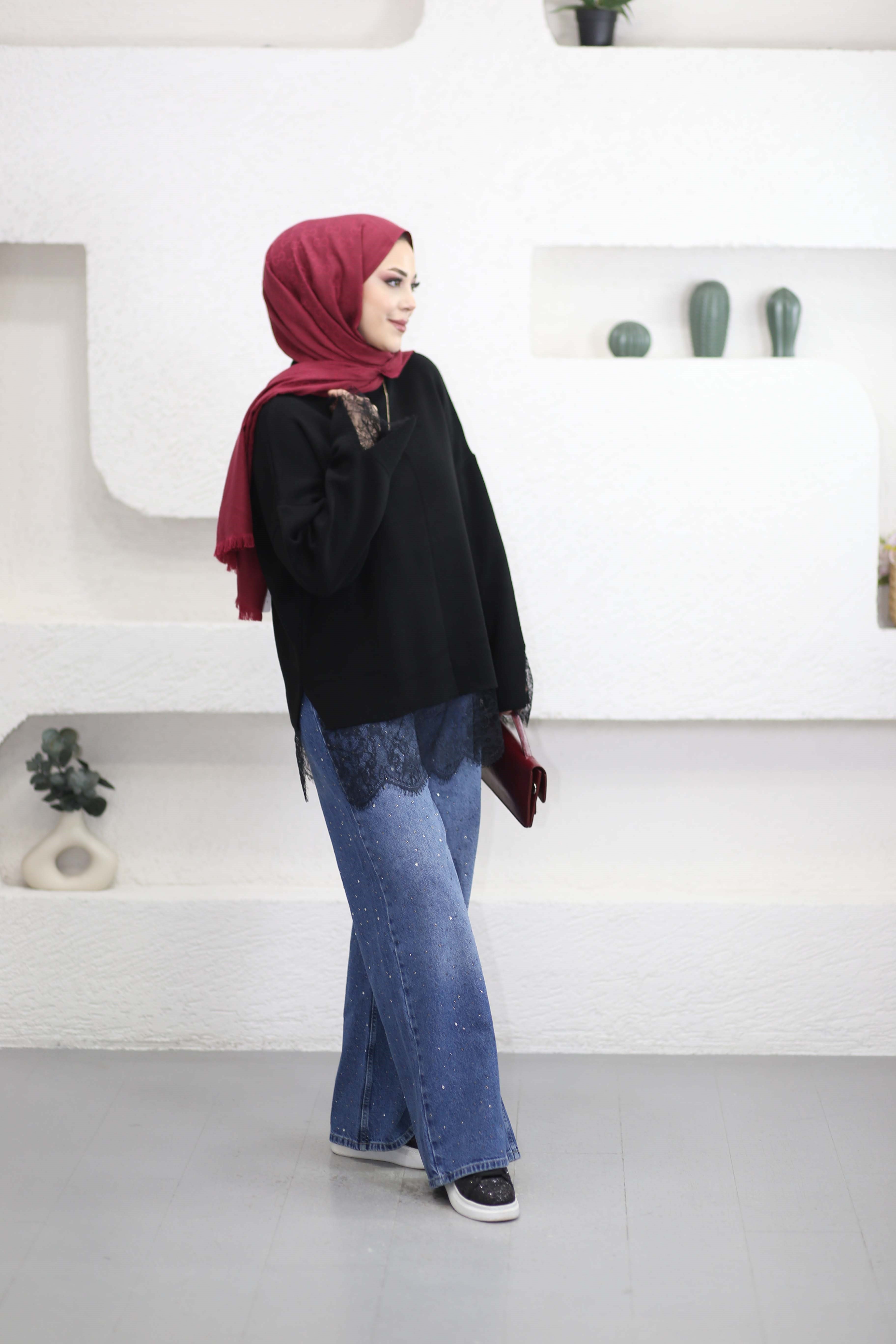 Dantel Detaylı Triko Tunik Siyah 0136