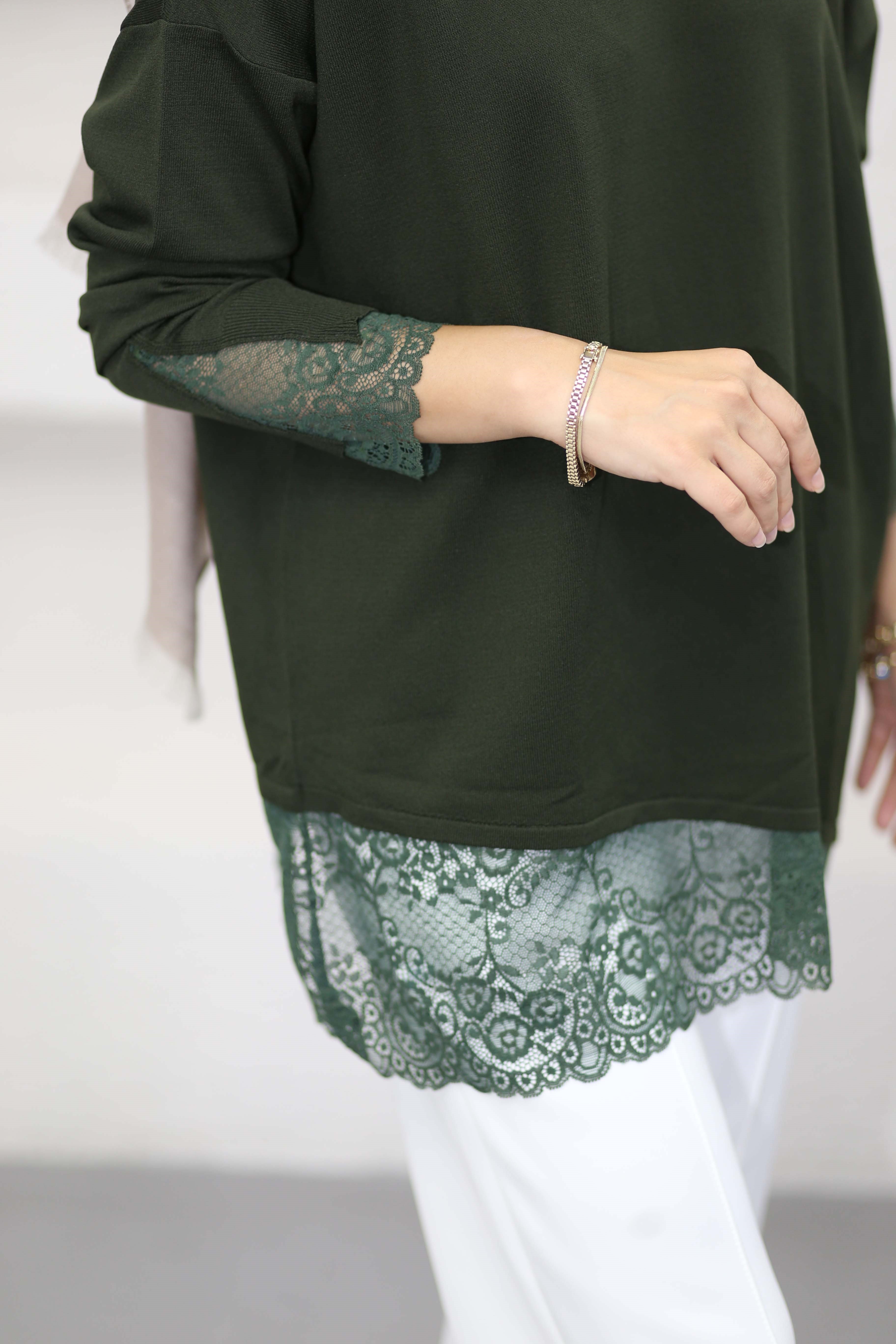 Etek Ucu Dantelli Triko Tunik Haki 44305