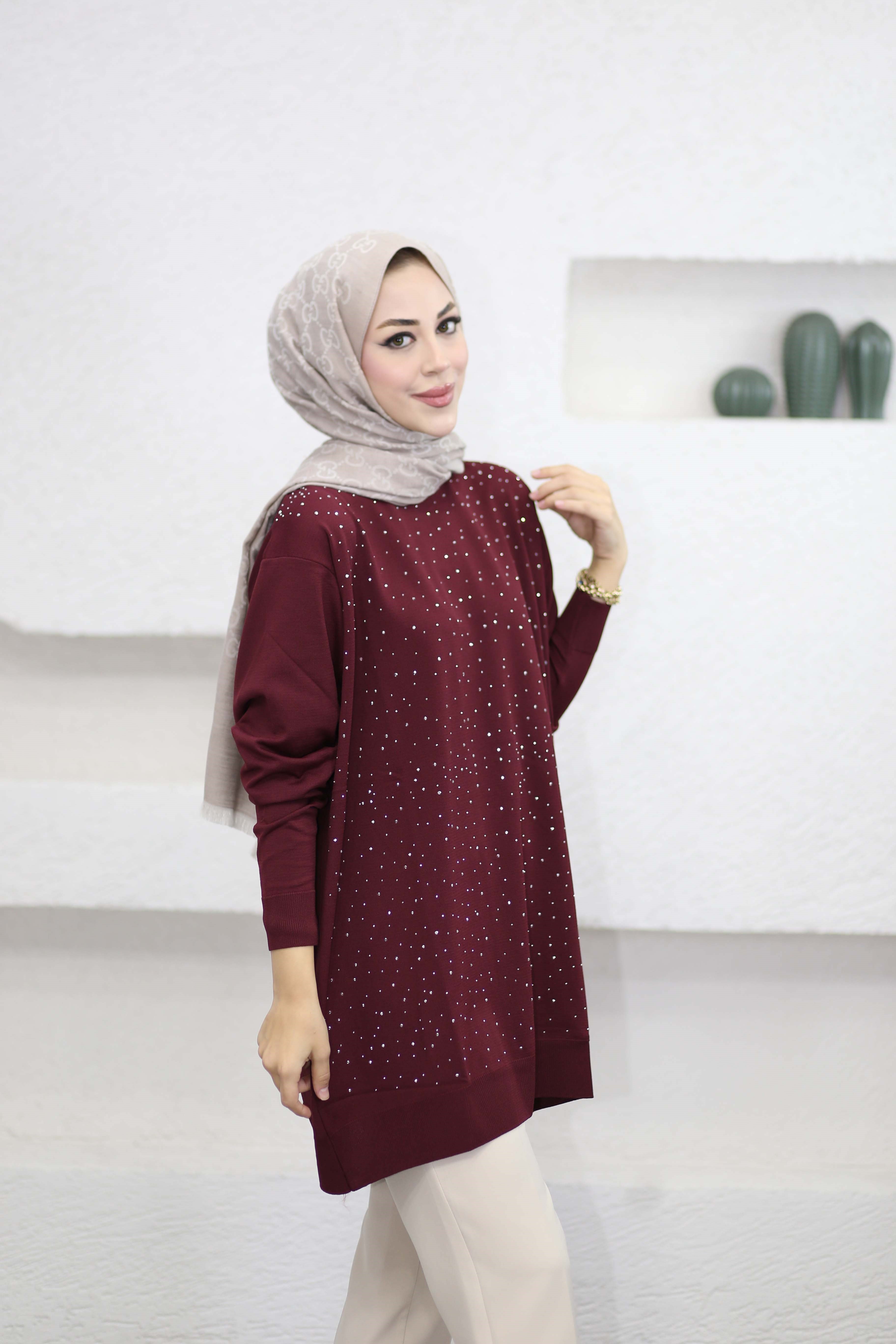 Taşlı Merserize Tunik Bordo 2570