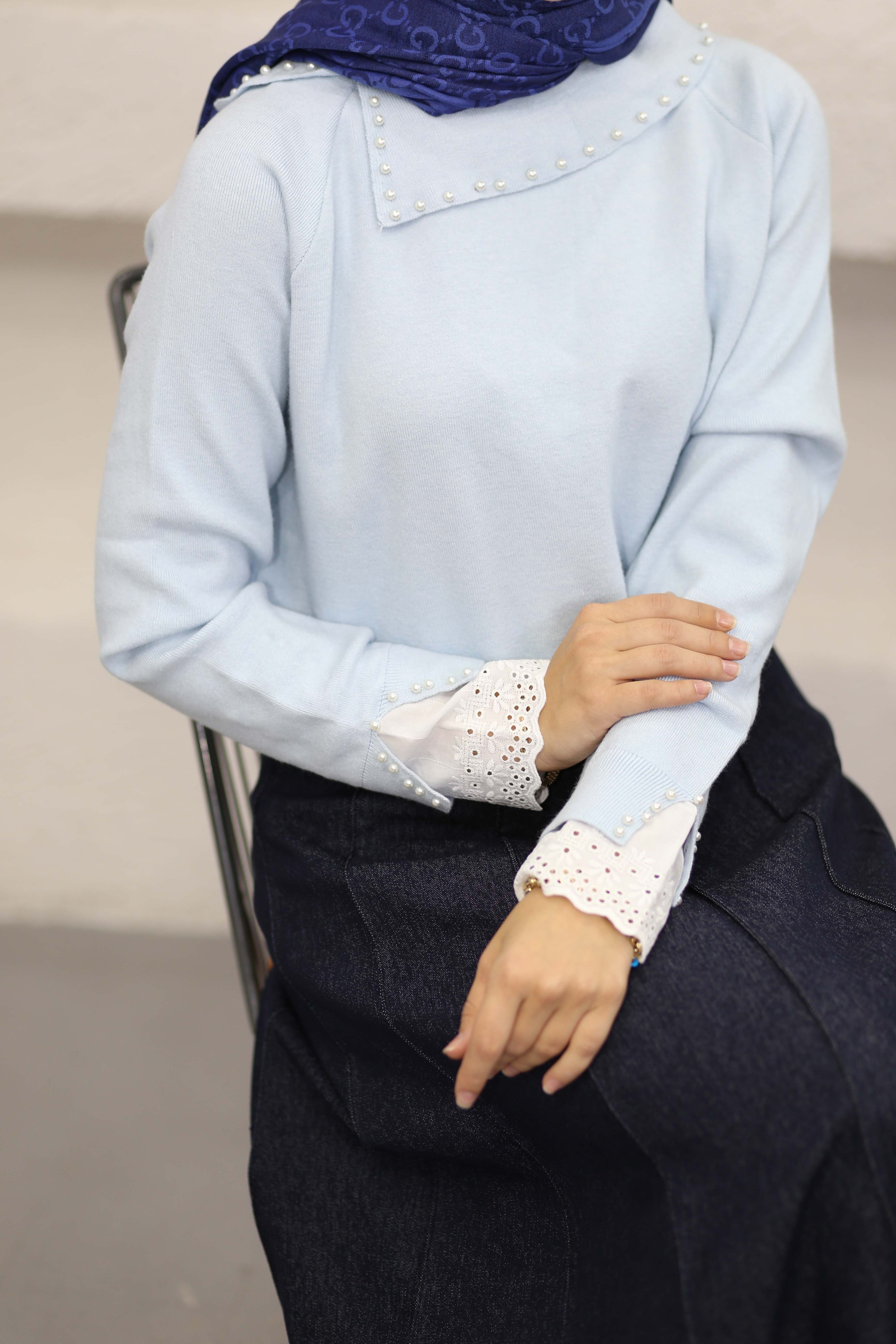 İnci Detaylı Triko Tunik Bebe Mavi 146003