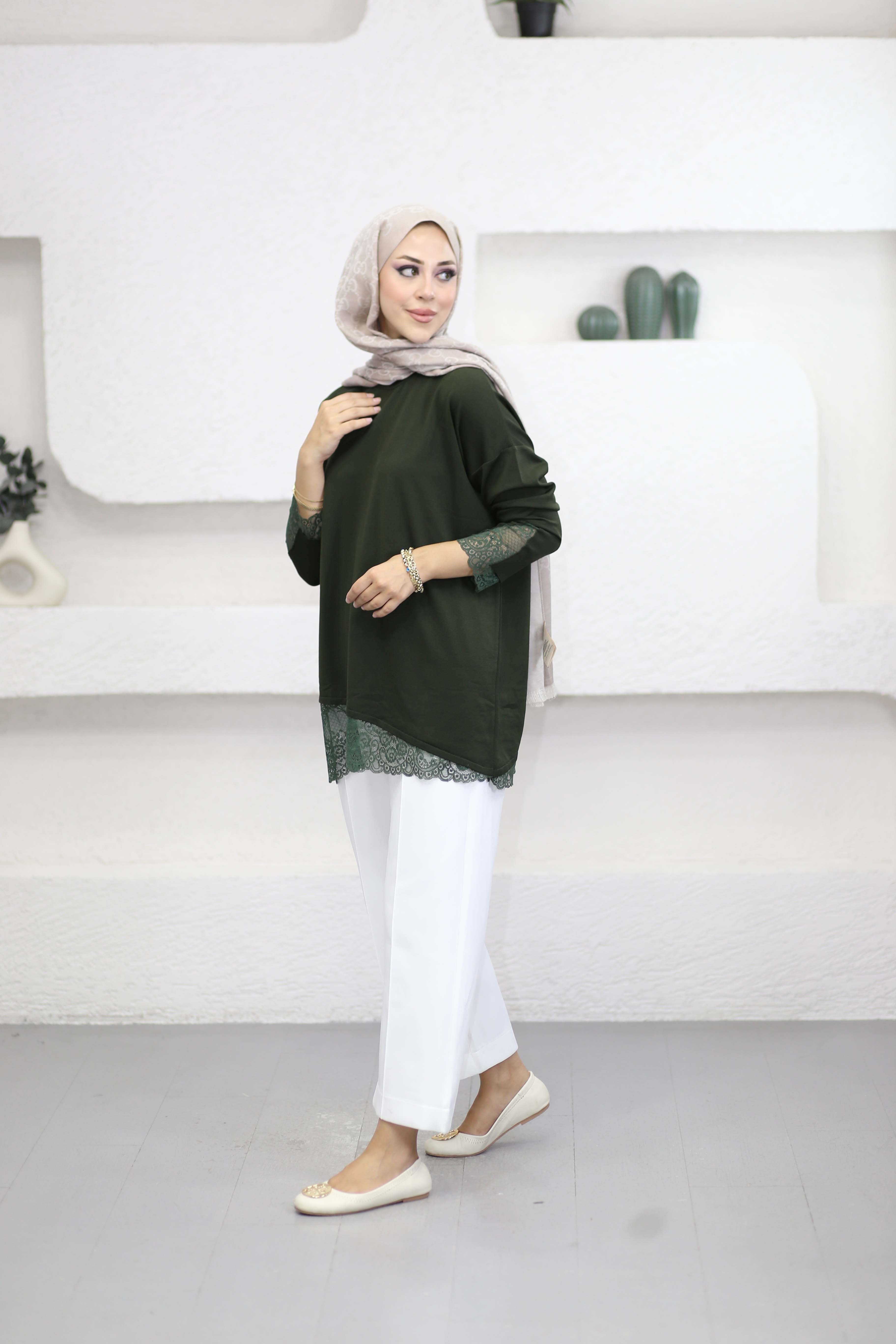 Etek Ucu Dantelli Triko Tunik Haki 44305