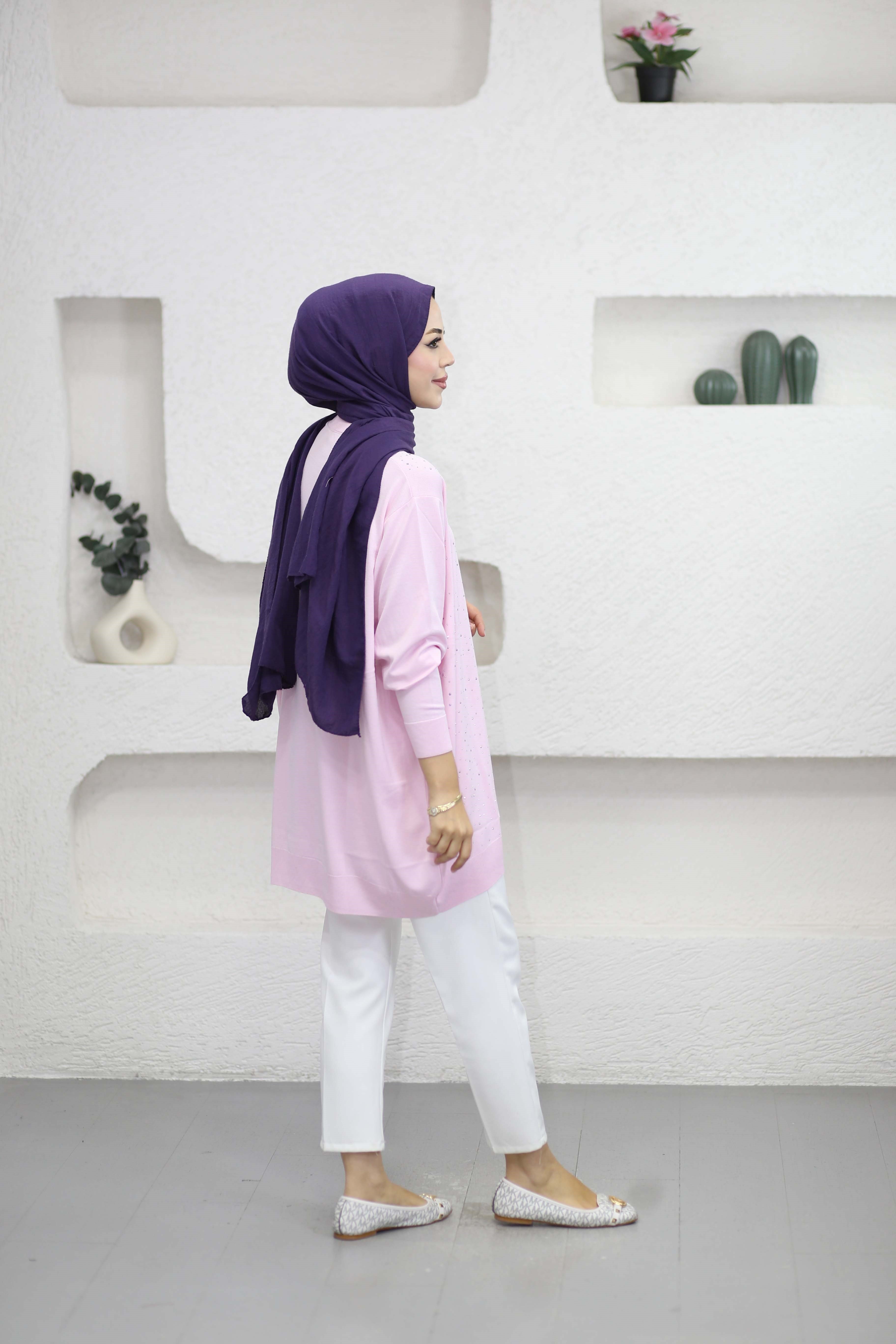 Taşlı Merserize Tunik Pembe 2570