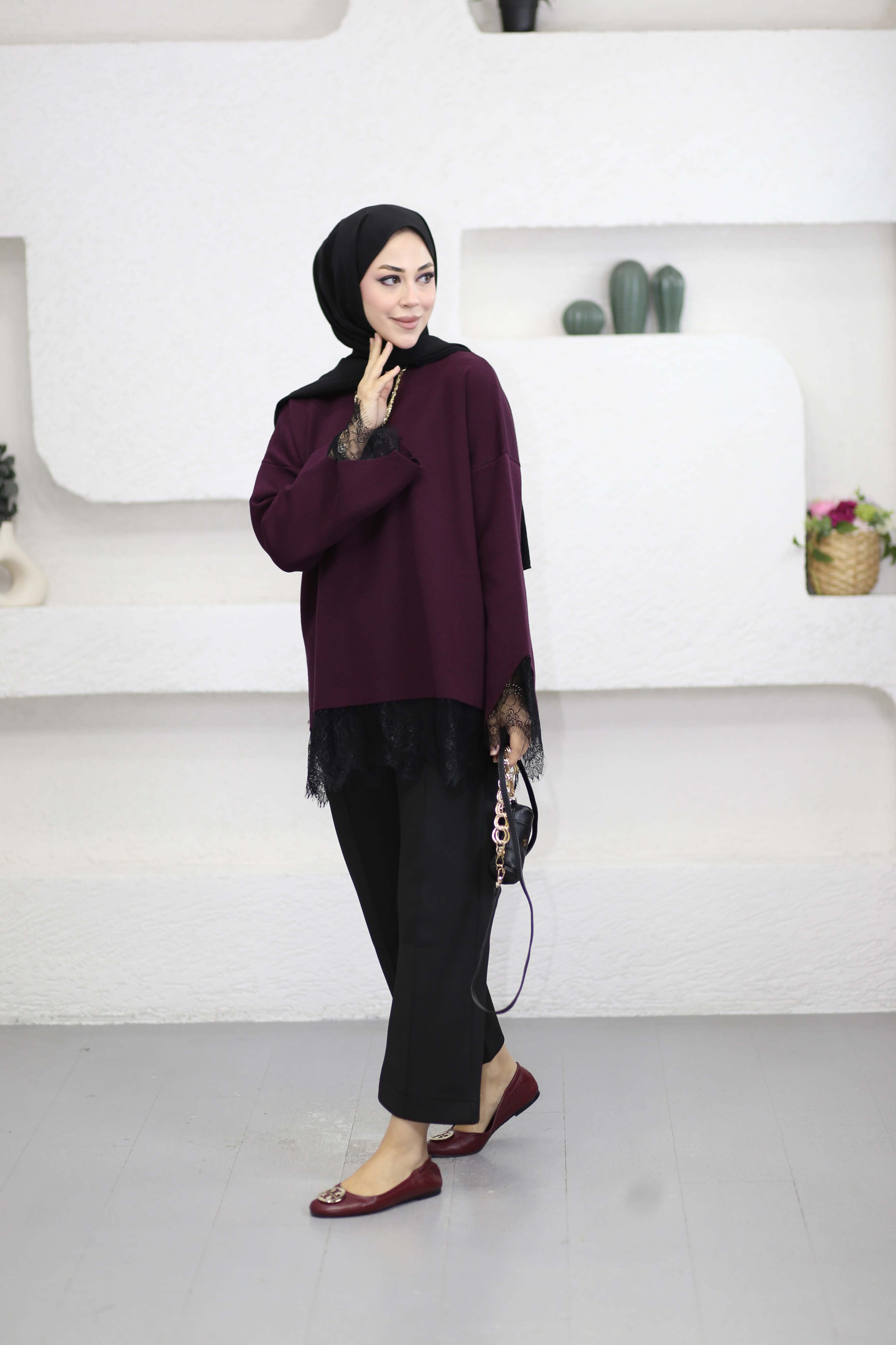 Altı Dantelli Triko Tunik Mürdüm 26200