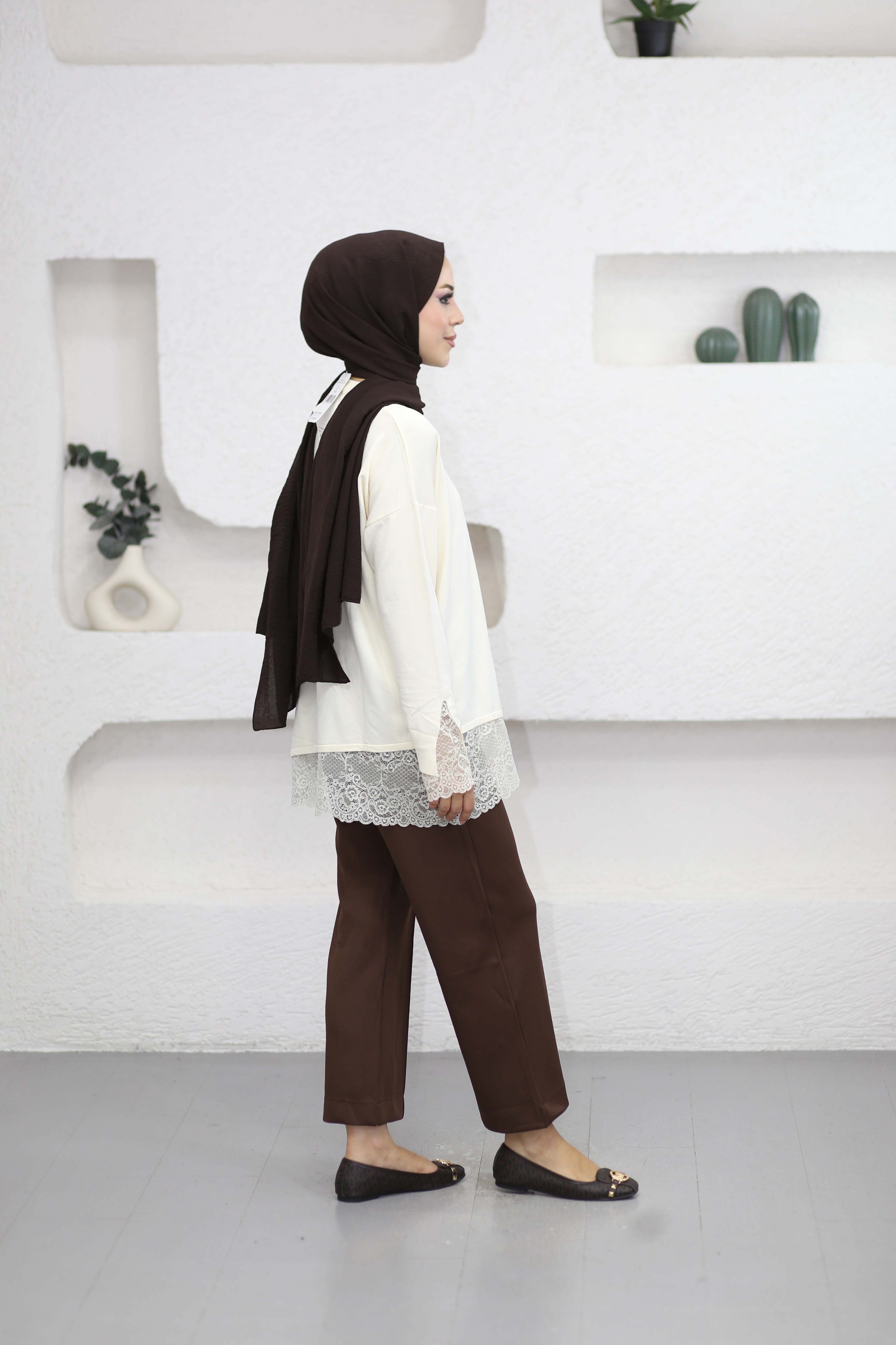Etek Ucu Dantelli Triko Tunik Ekru 44305