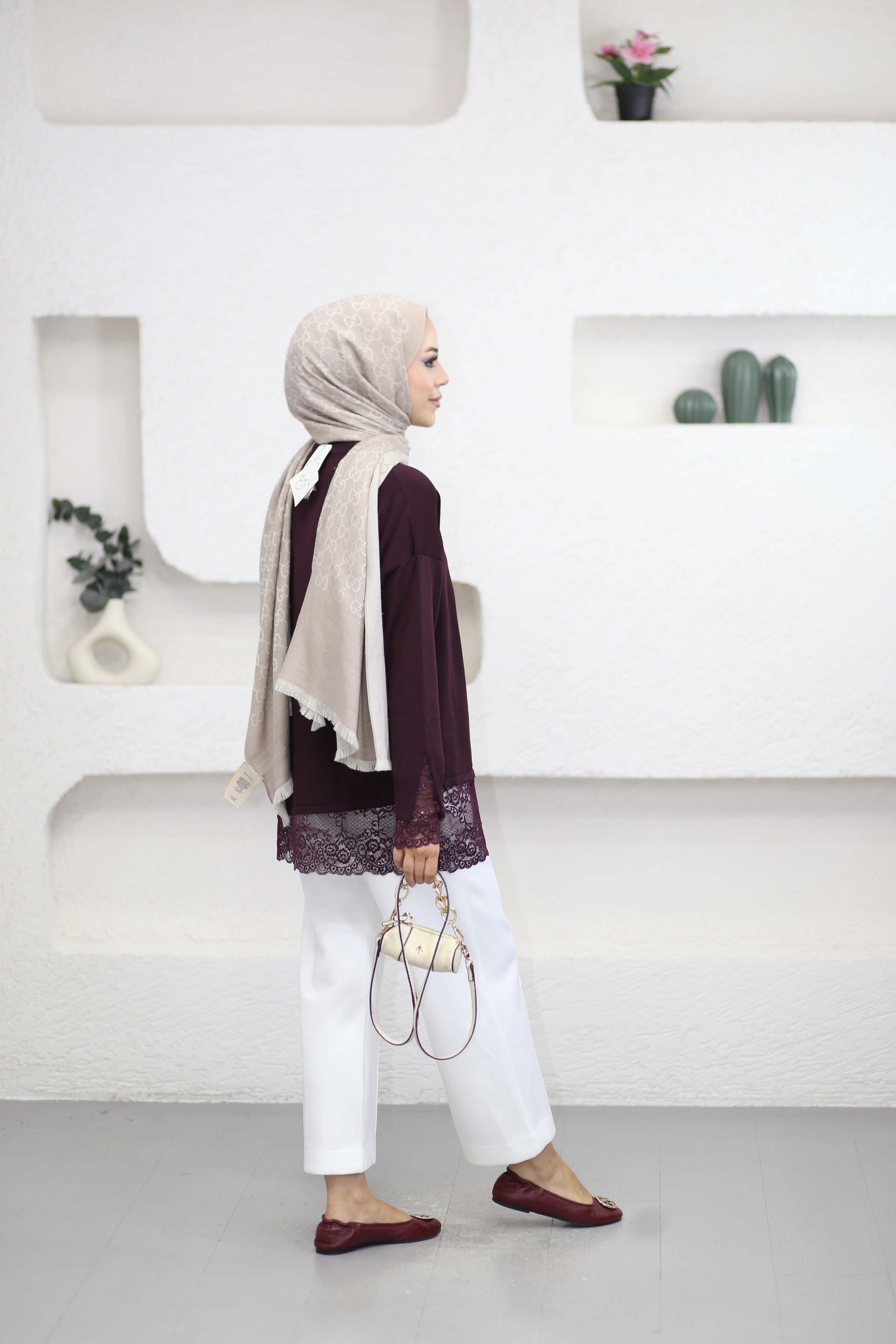 Etek Ucu Dantelli Triko Tunik Bordo 44305