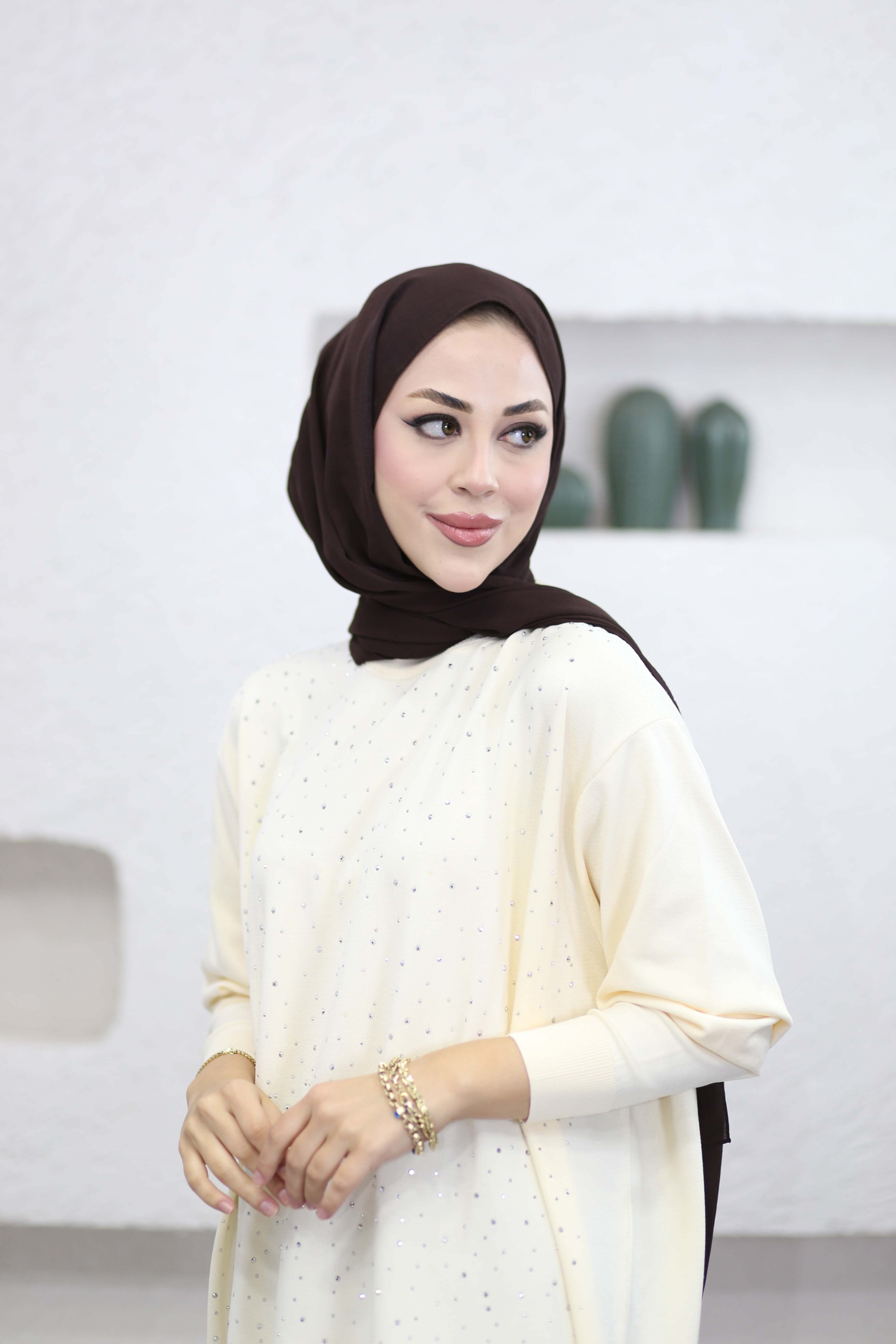 Taşlı Merserize Tunik Krem 2570