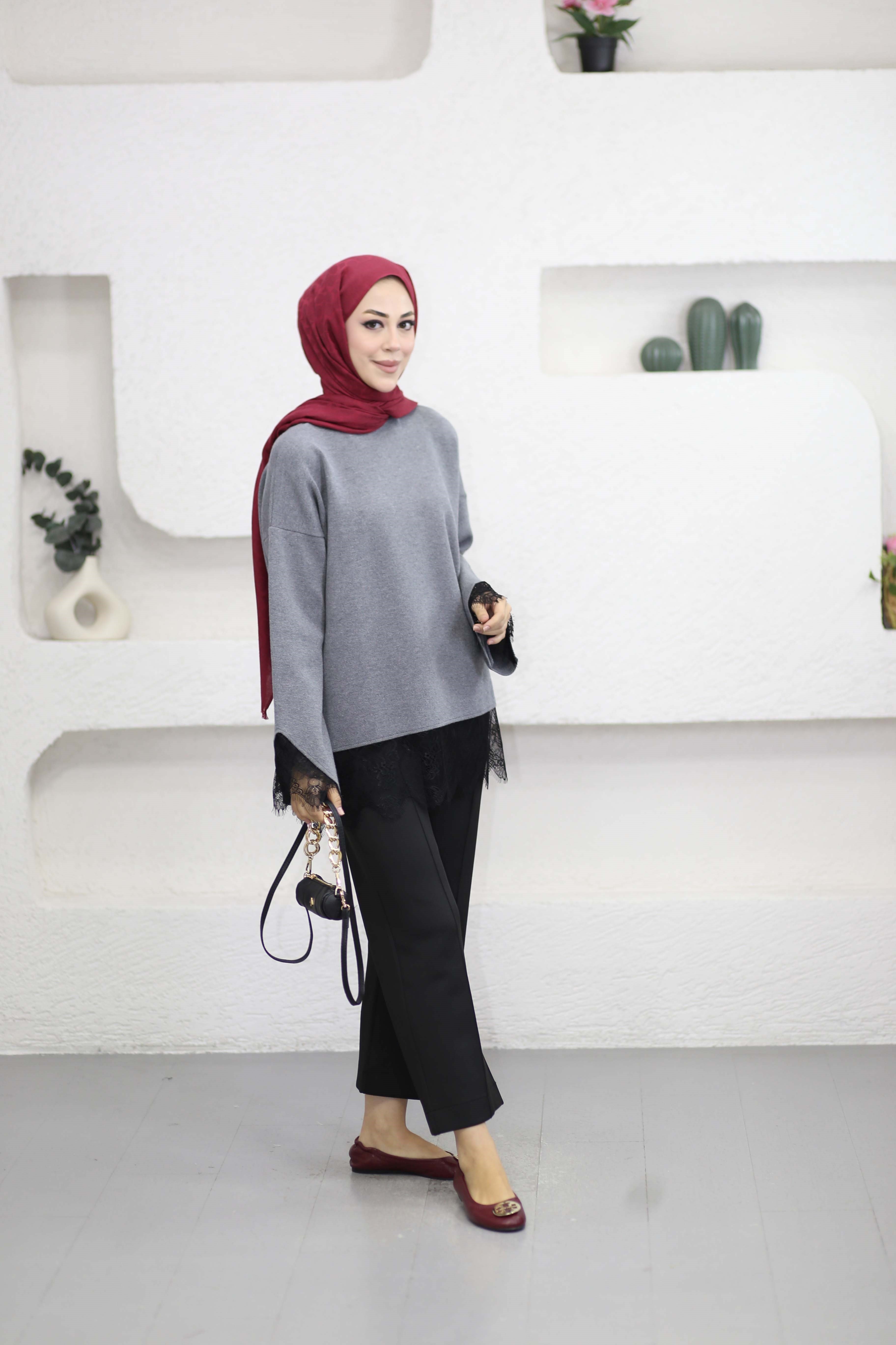 Altı Dantelli Triko Tunik Gri 26200