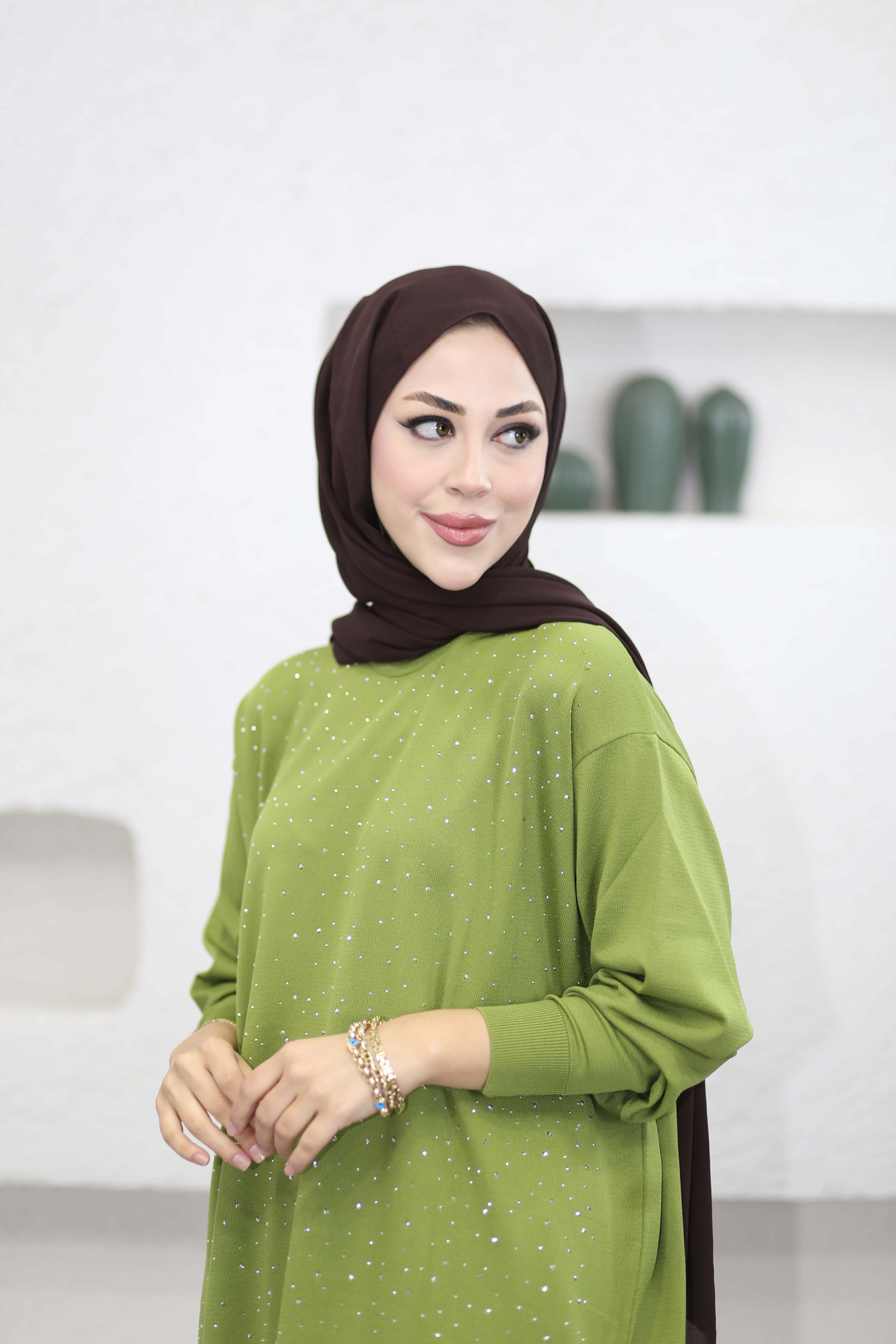 Taşlı Merserize Tunik Fıstık Yeşil 2570