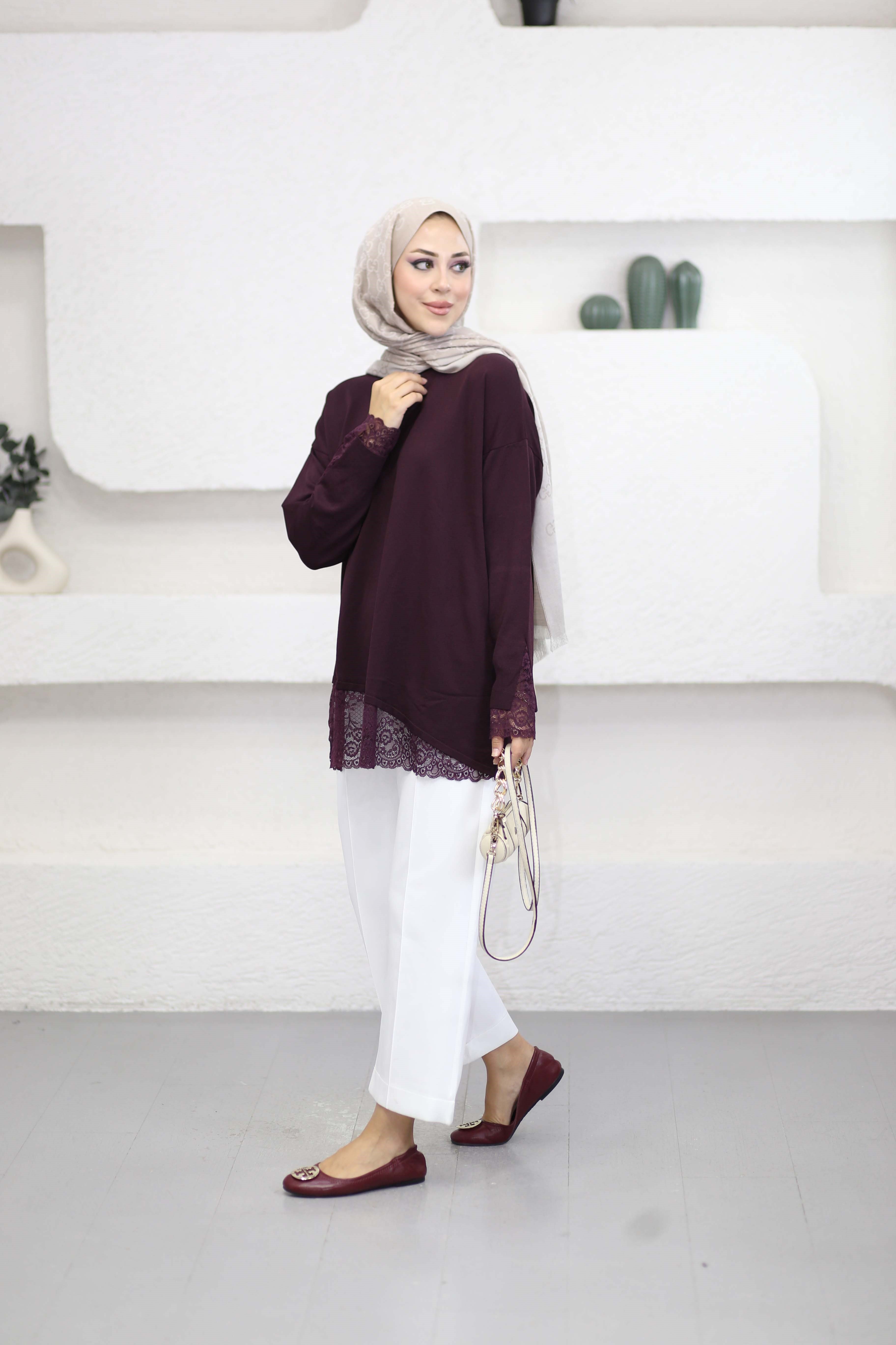 Etek Ucu Dantelli Triko Tunik Bordo 44305
