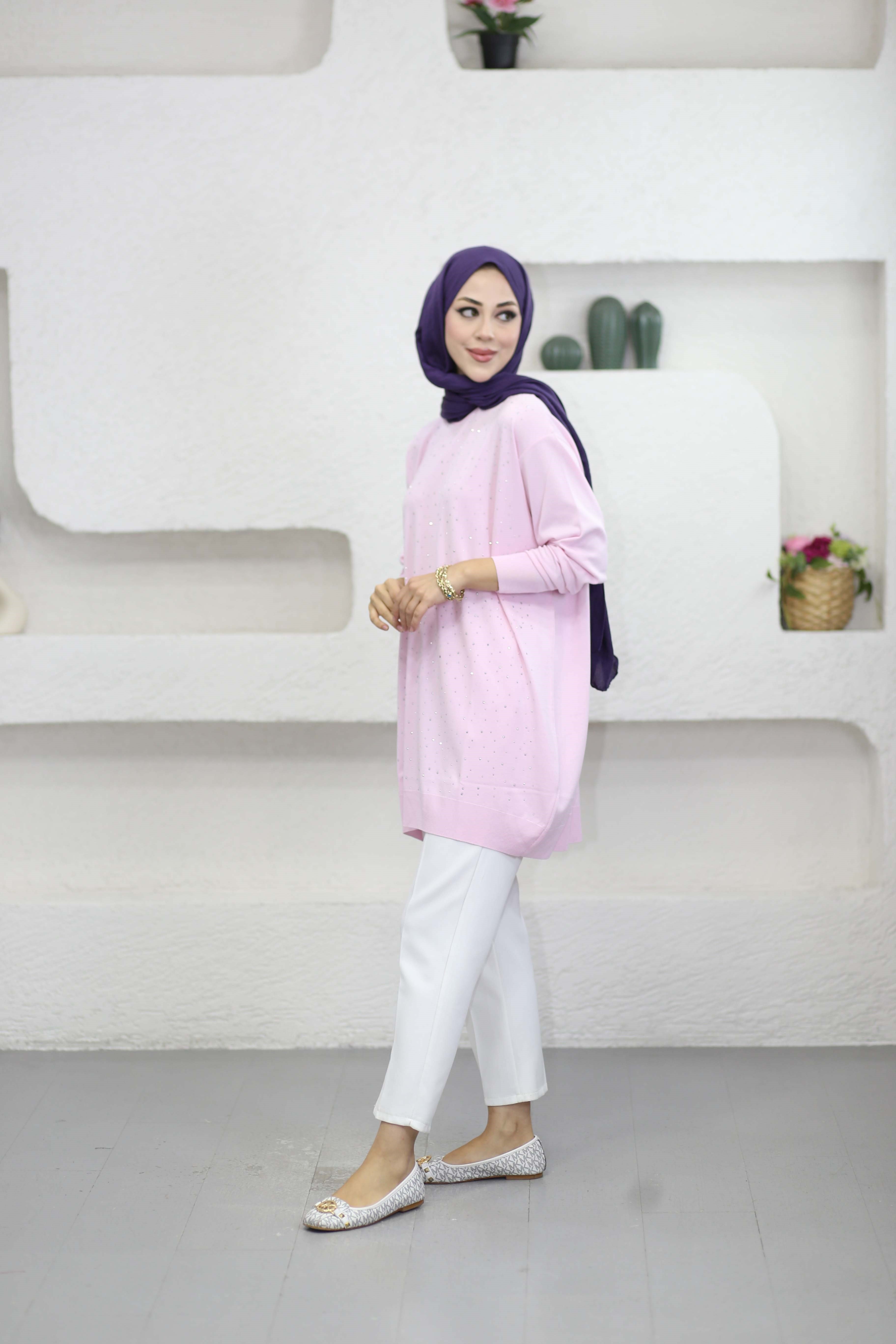 Taşlı Merserize Tunik Pembe 2570