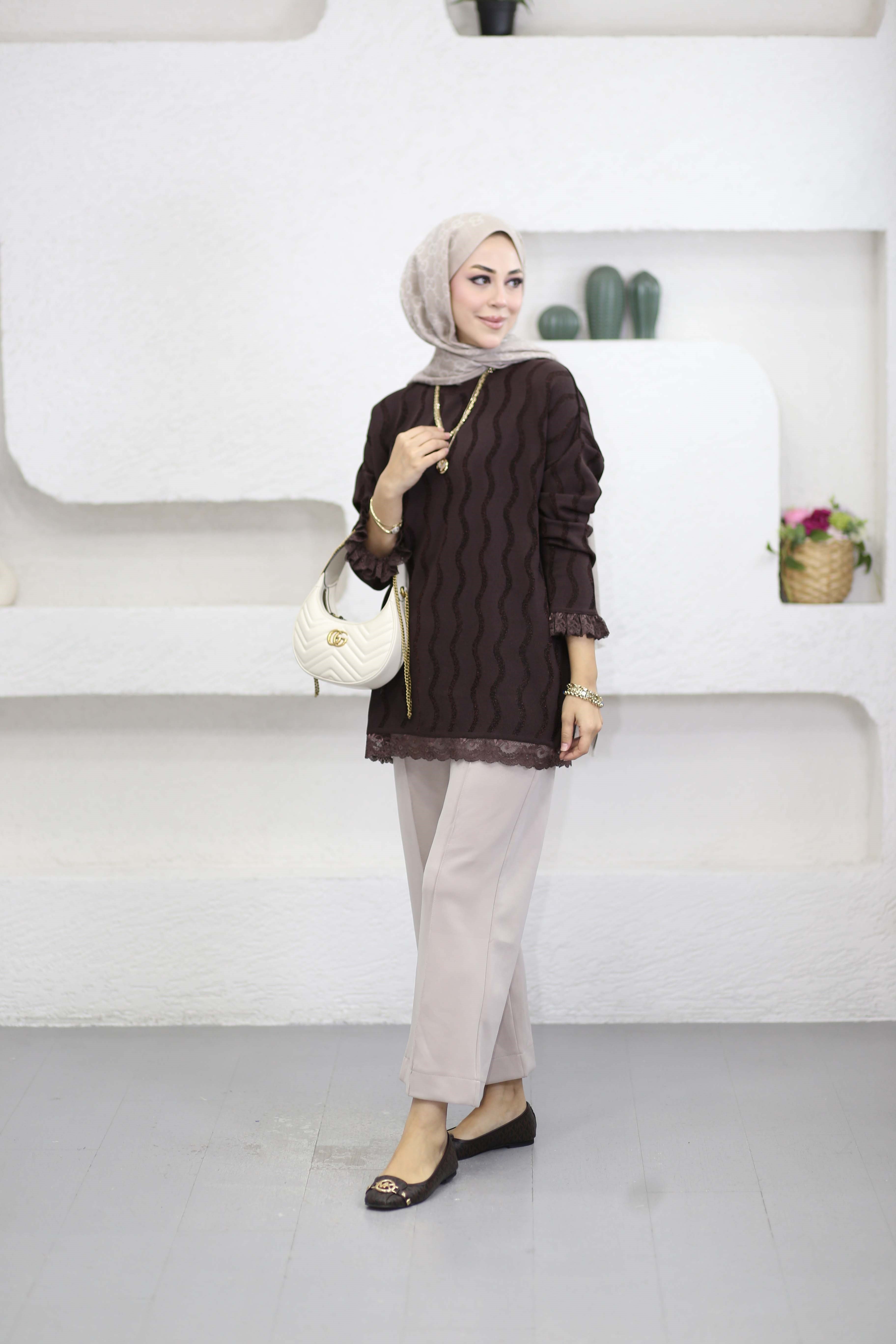 Dantell Dalga Desen Tunik Kahverengi 44282
