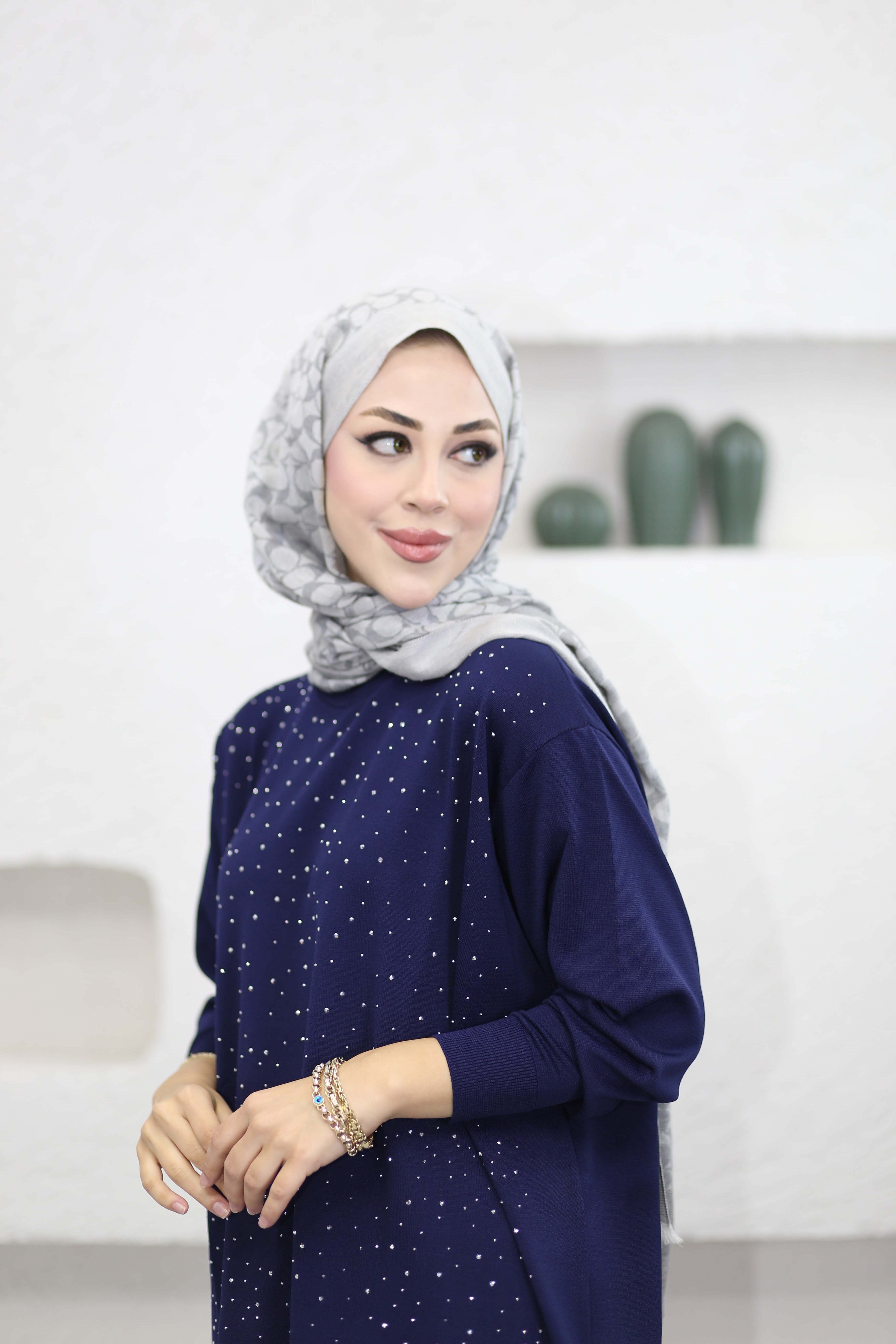 Taşlı Merserize Tunik Lacivert 2570