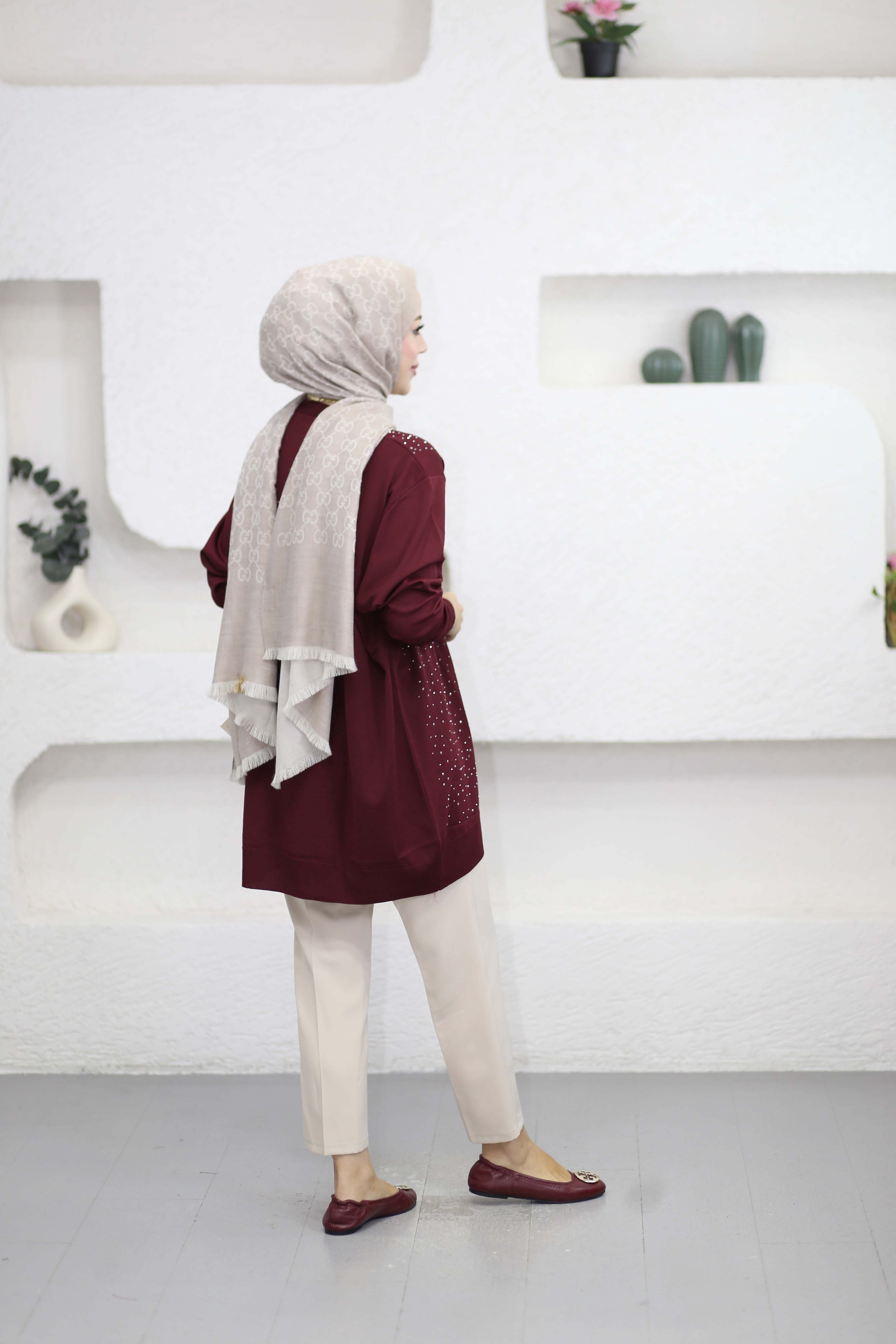 Taşlı Merserize Tunik Bordo 2570