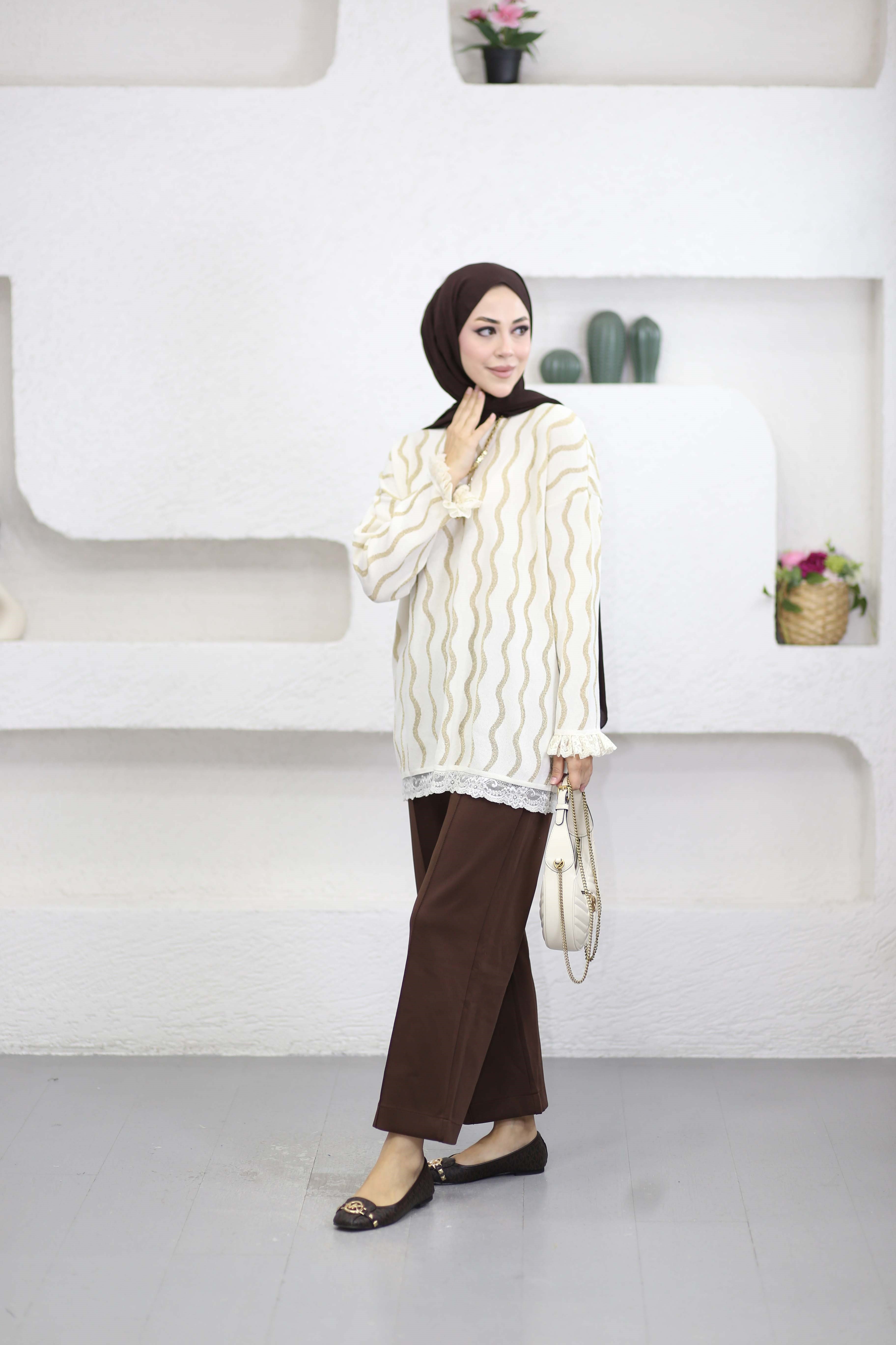 Dantell Dalga Desen Tunik Bej 44282