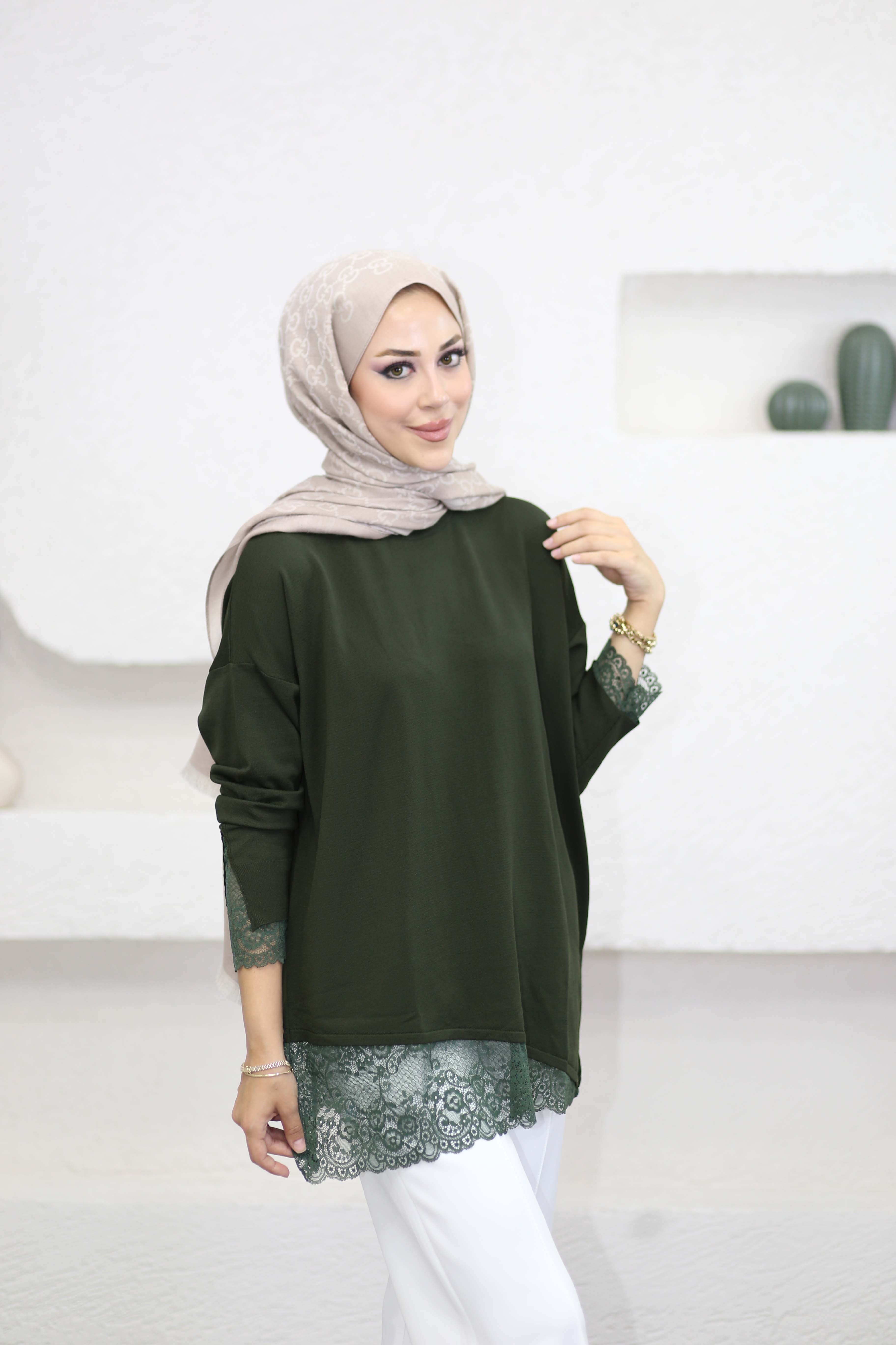 Etek Ucu Dantelli Triko Tunik Haki 44305