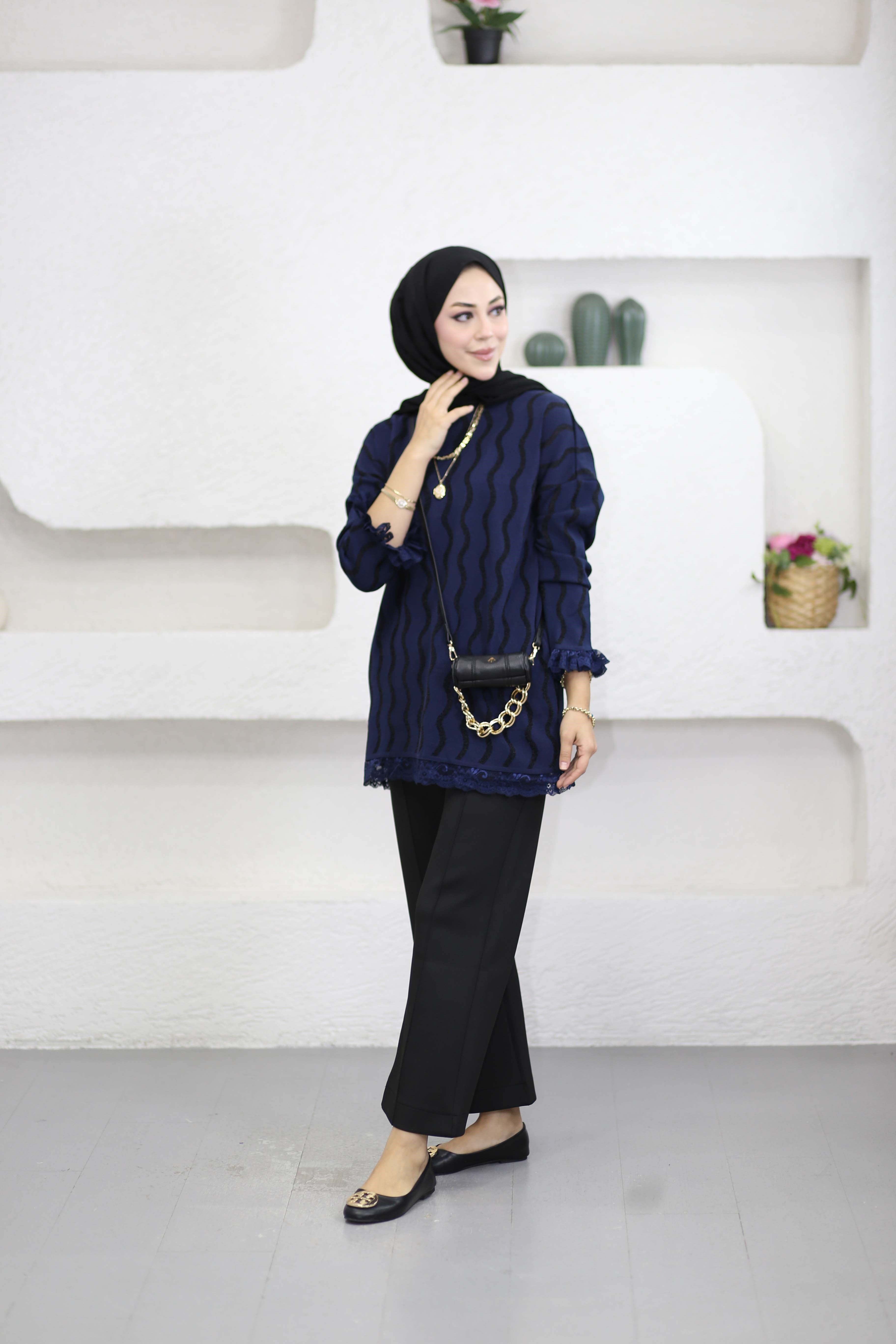 Dantell Dalga Desen Tunik Lacivert 44282