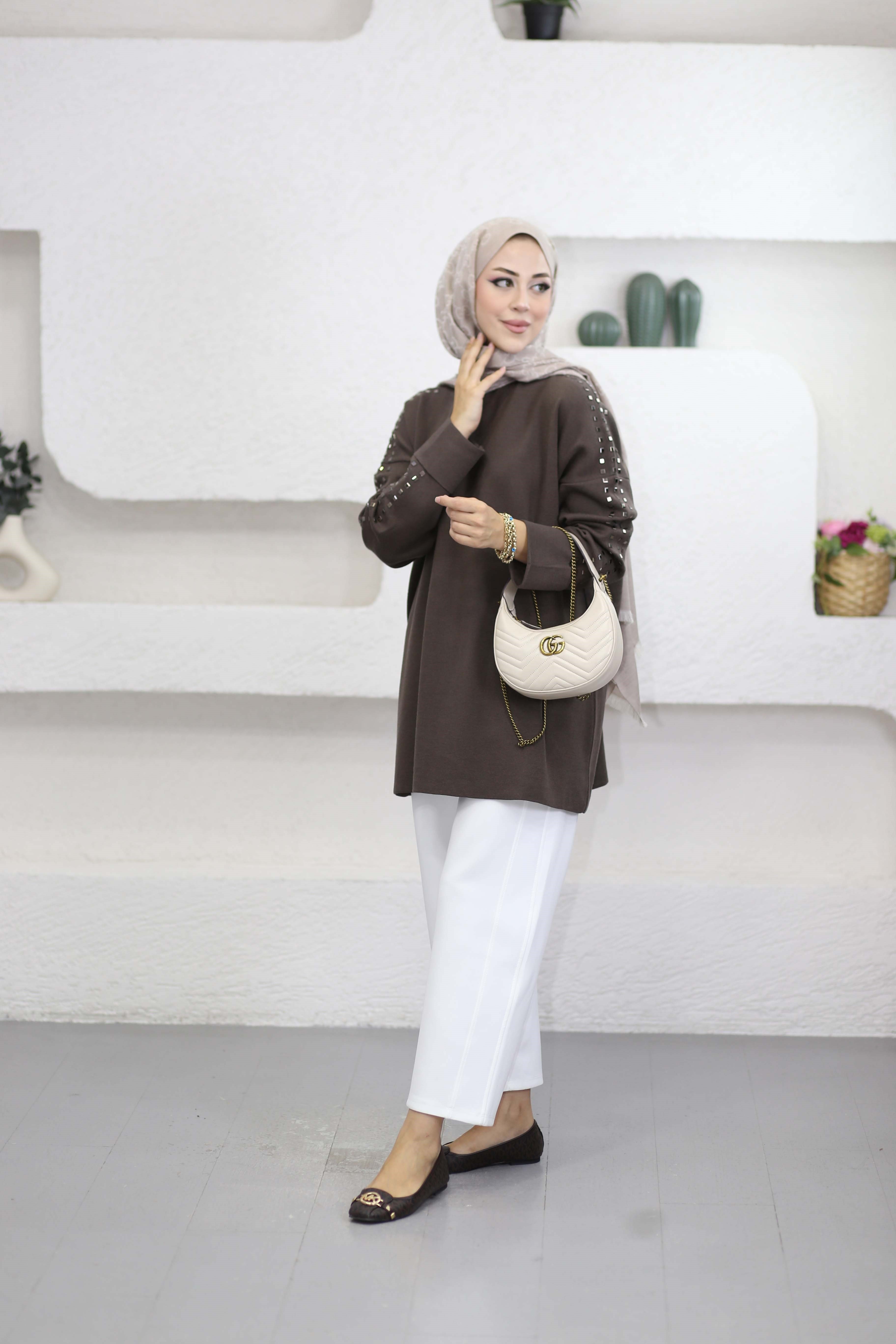 Omuz Taşlı Tunik Kahverengi 26150