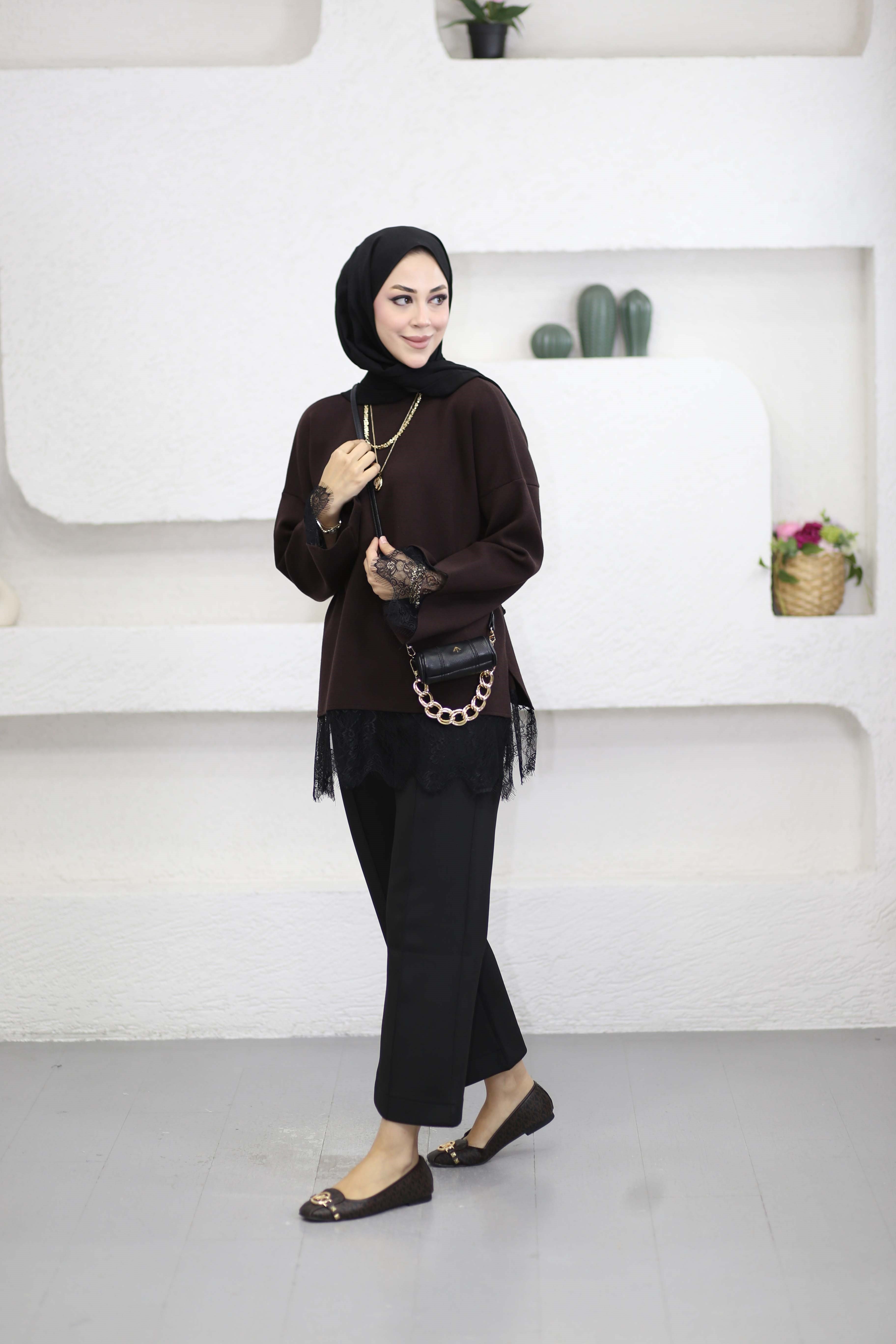 Altı Dantelli Triko Tunik Kahverengi 26200