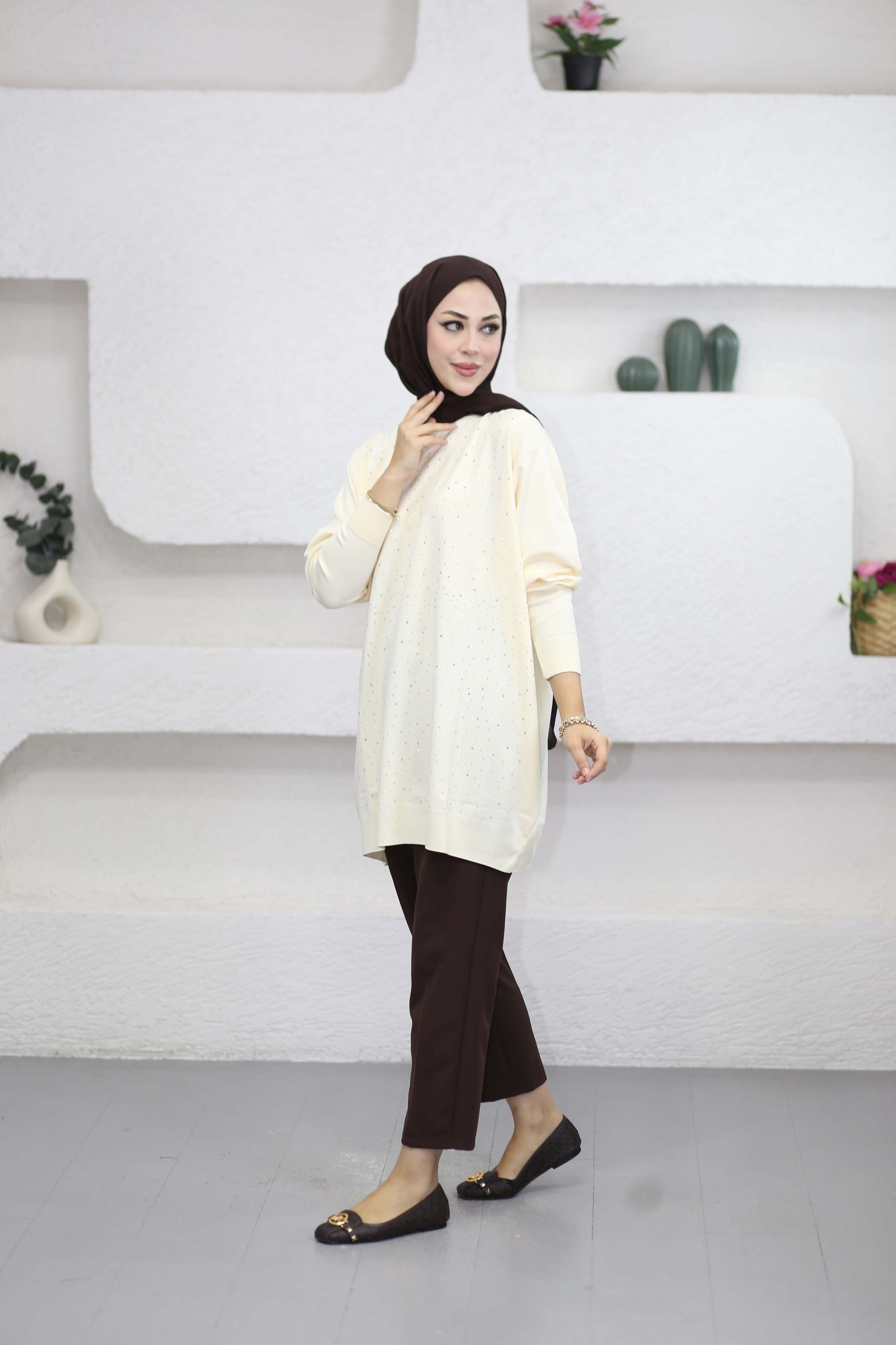 Taşlı Merserize Tunik Krem 2570