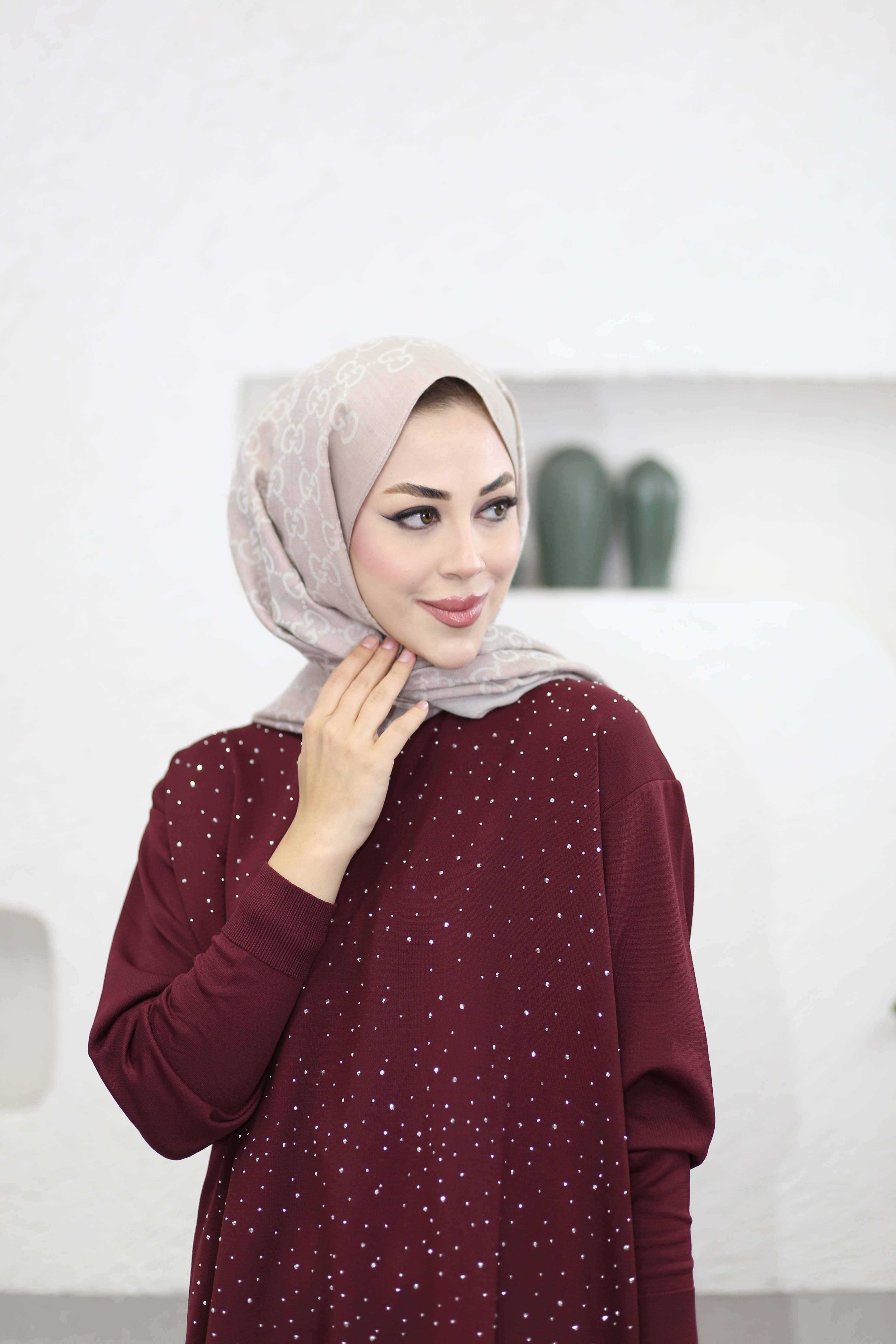 Taşlı Merserize Tunik Bordo 2570