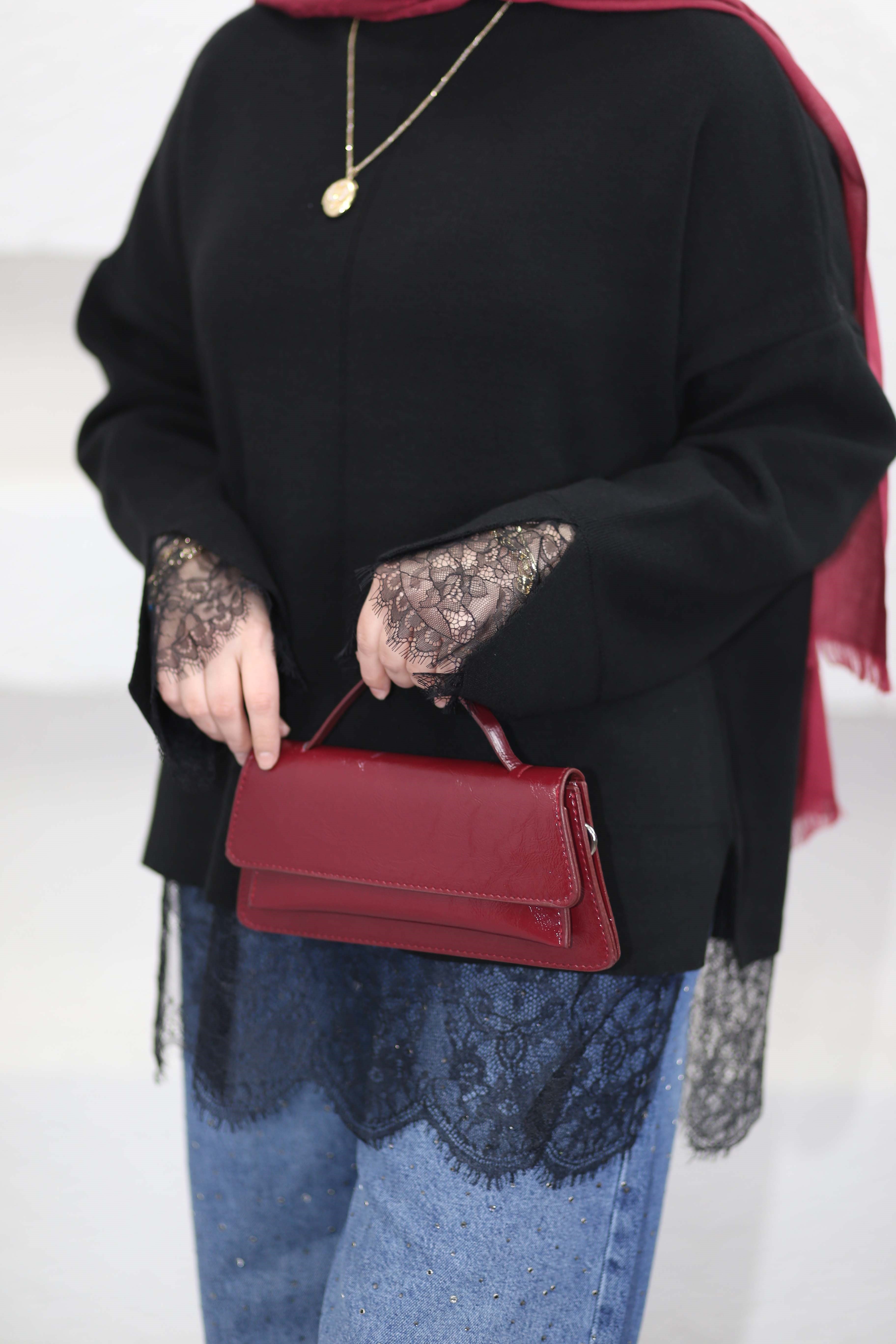 Dantel Detaylı Triko Tunik Siyah 0136