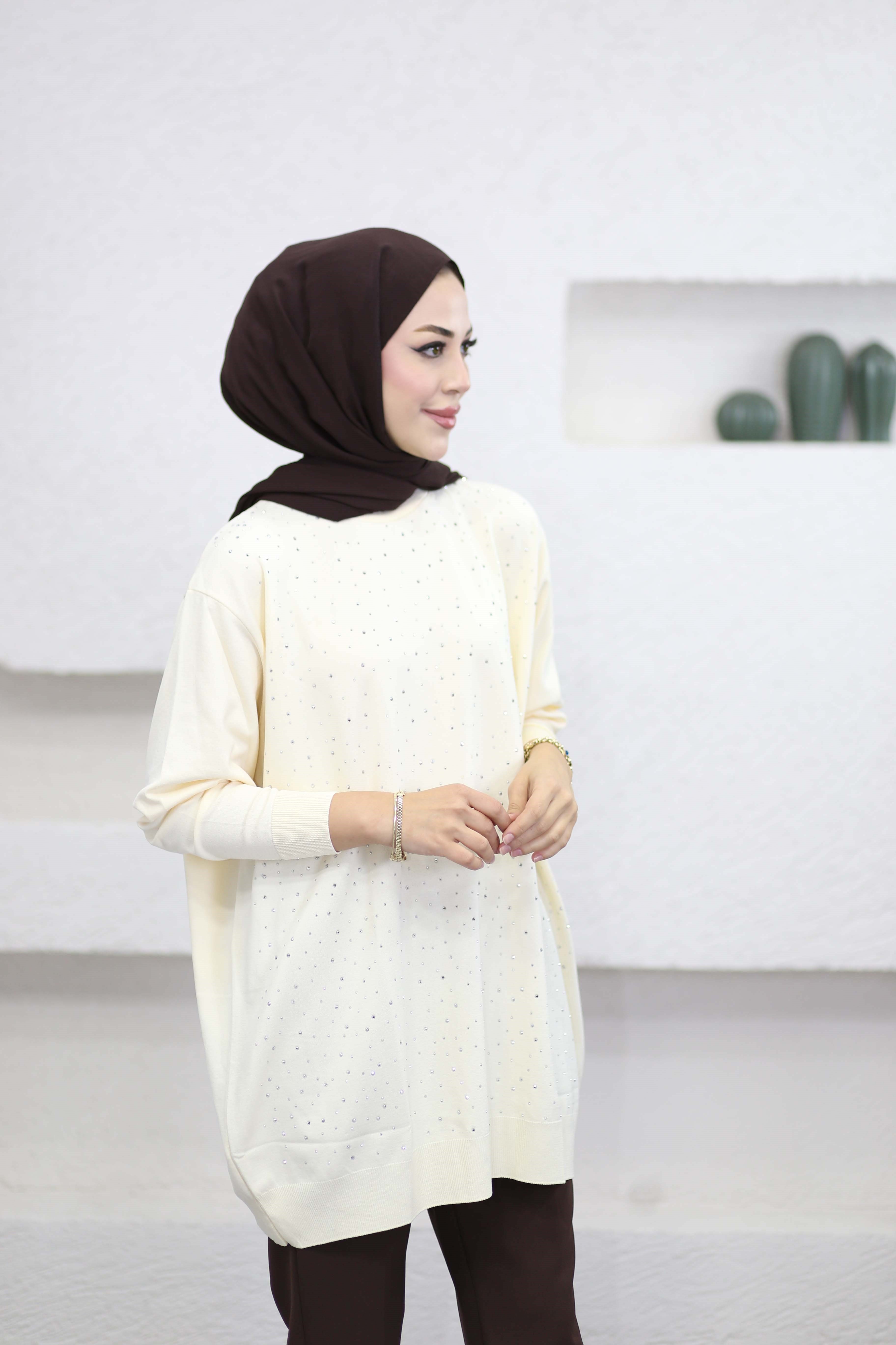 Taşlı Merserize Tunik Krem 2570