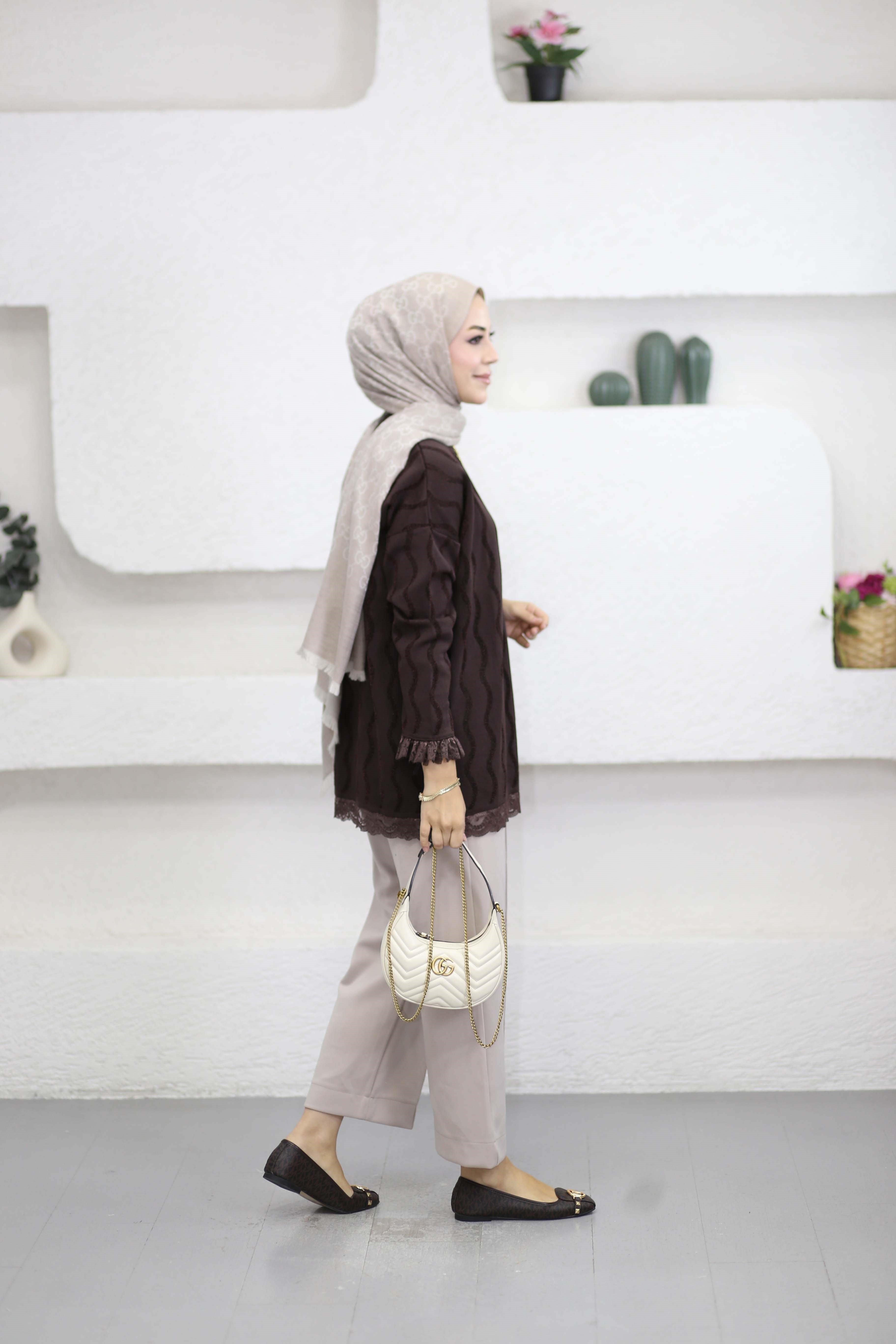 Dantell Dalga Desen Tunik Kahverengi 44282