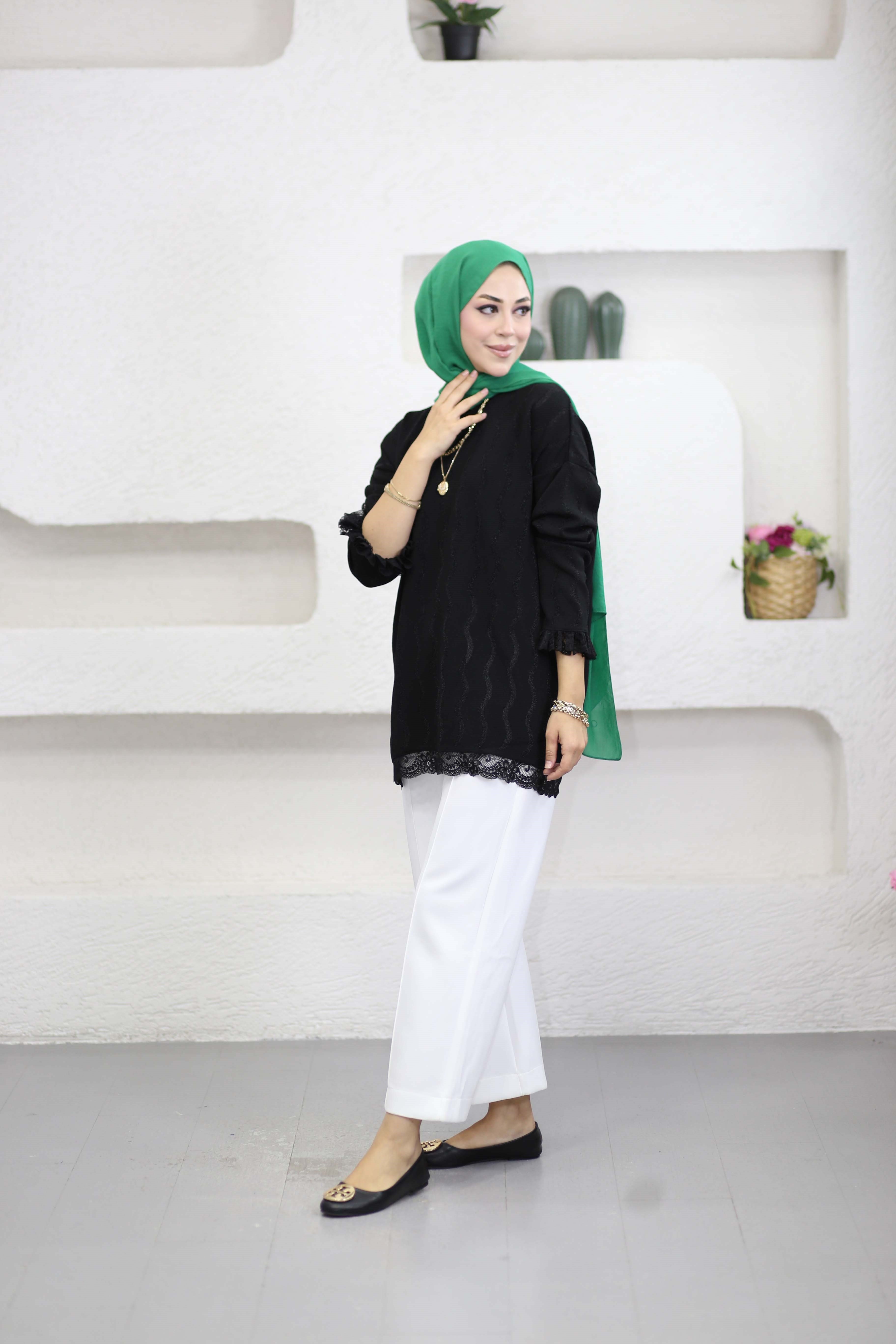 Dantell Dalga Desen Tunik Siyah 44282
