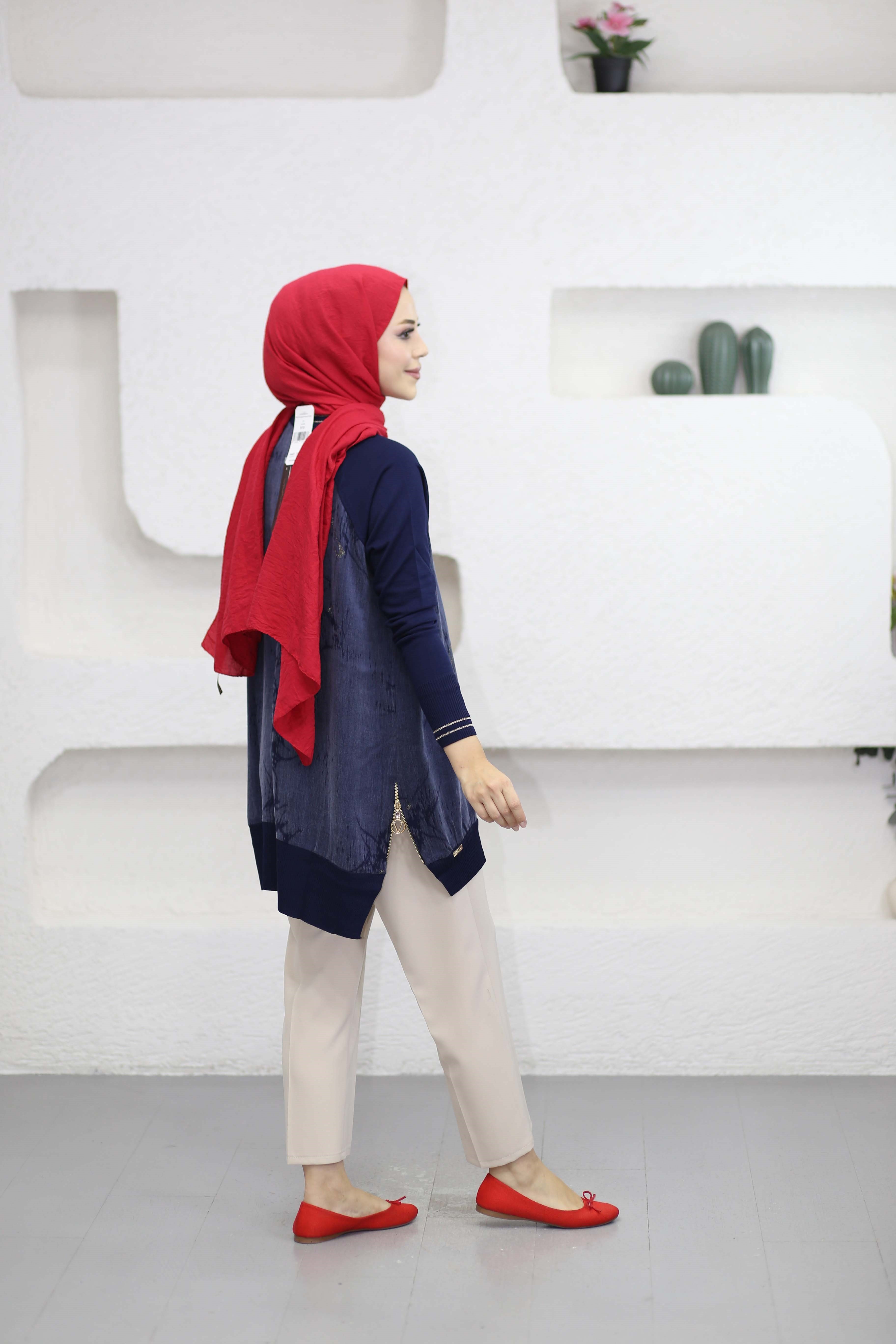 Simli Kumaş Fermuarlı Tunik Lacivert 299