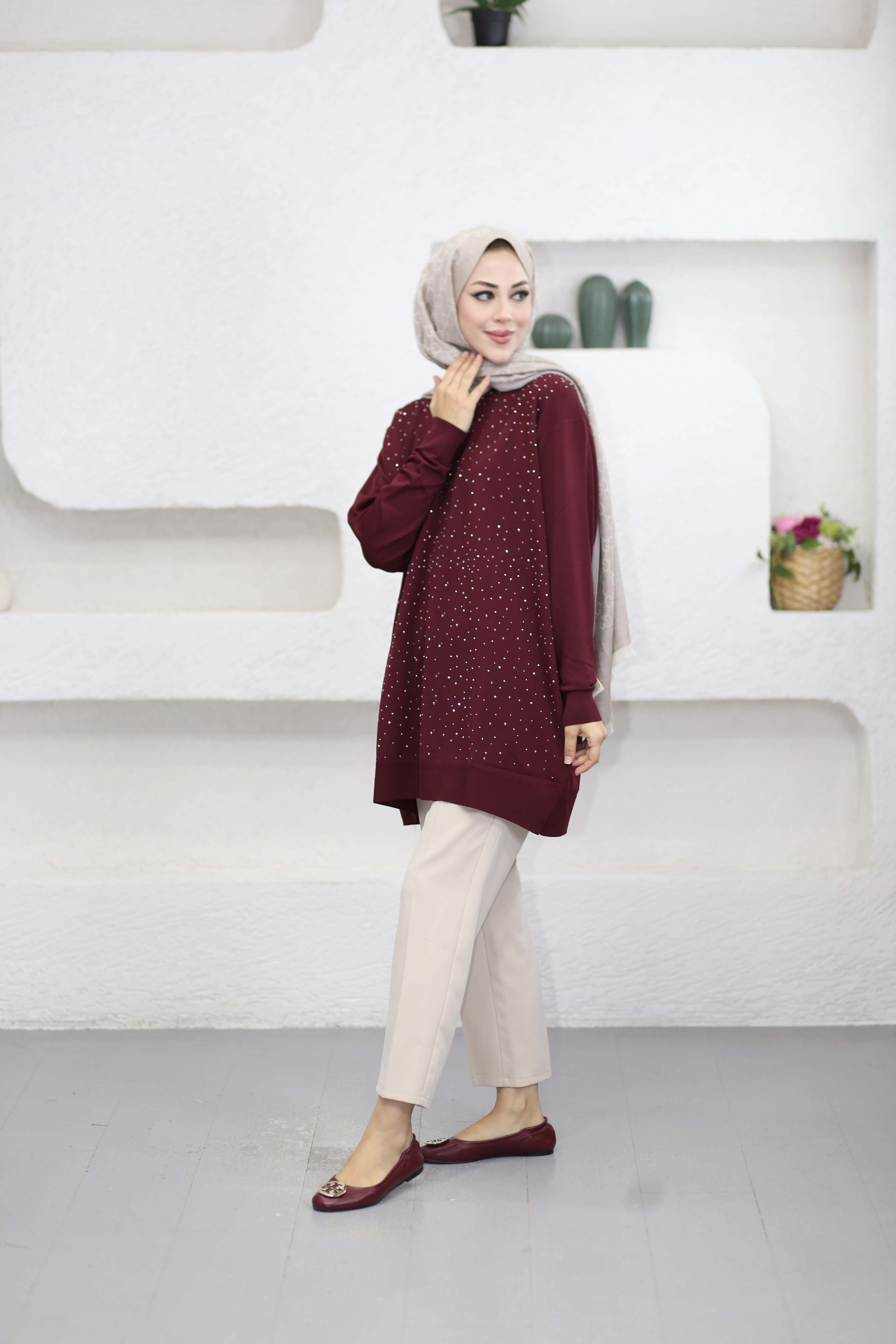 Taşlı Merserize Tunik Bordo 2570