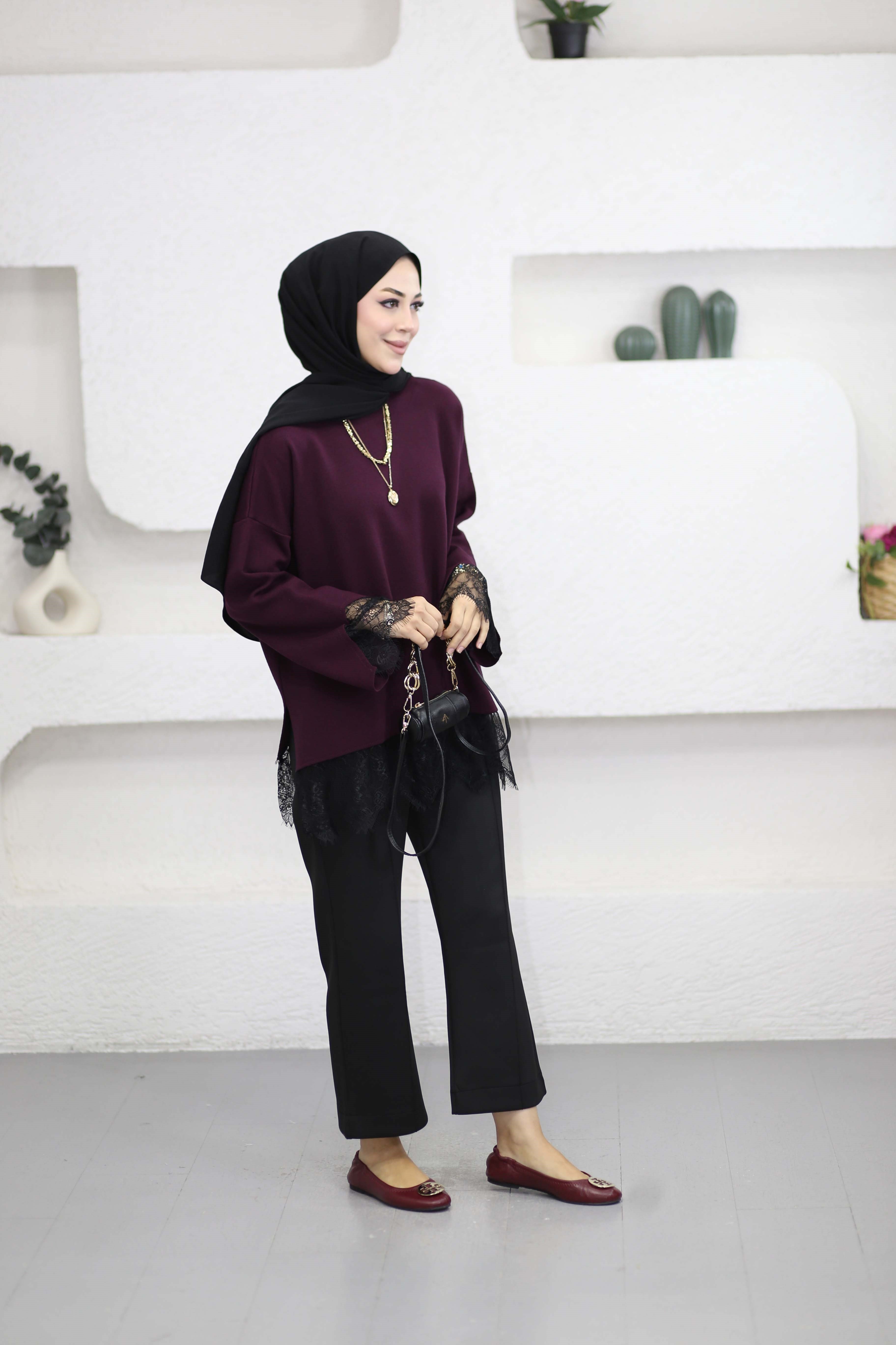 Altı Dantelli Triko Tunik Mürdüm 26200
