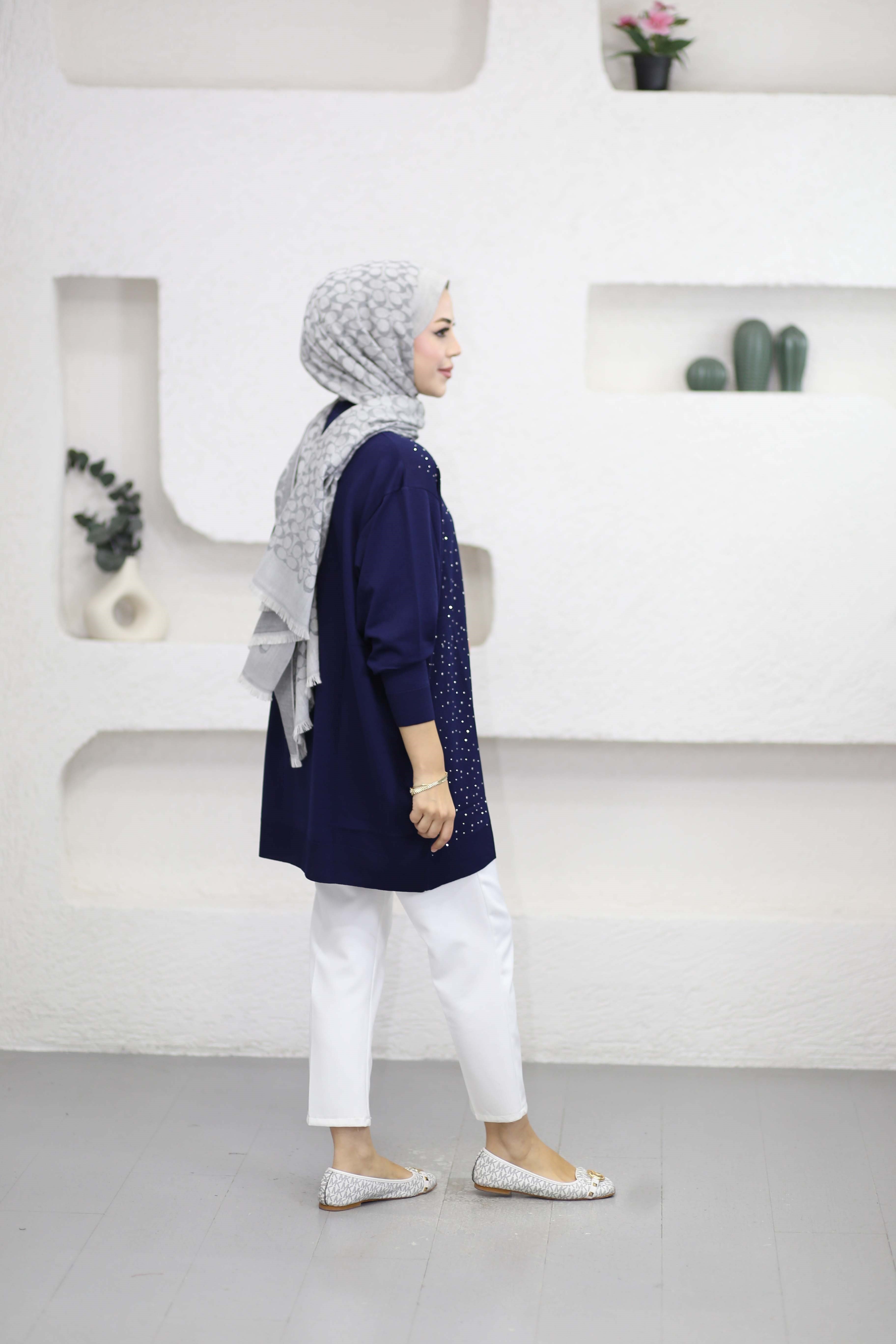 Taşlı Merserize Tunik Lacivert 2570