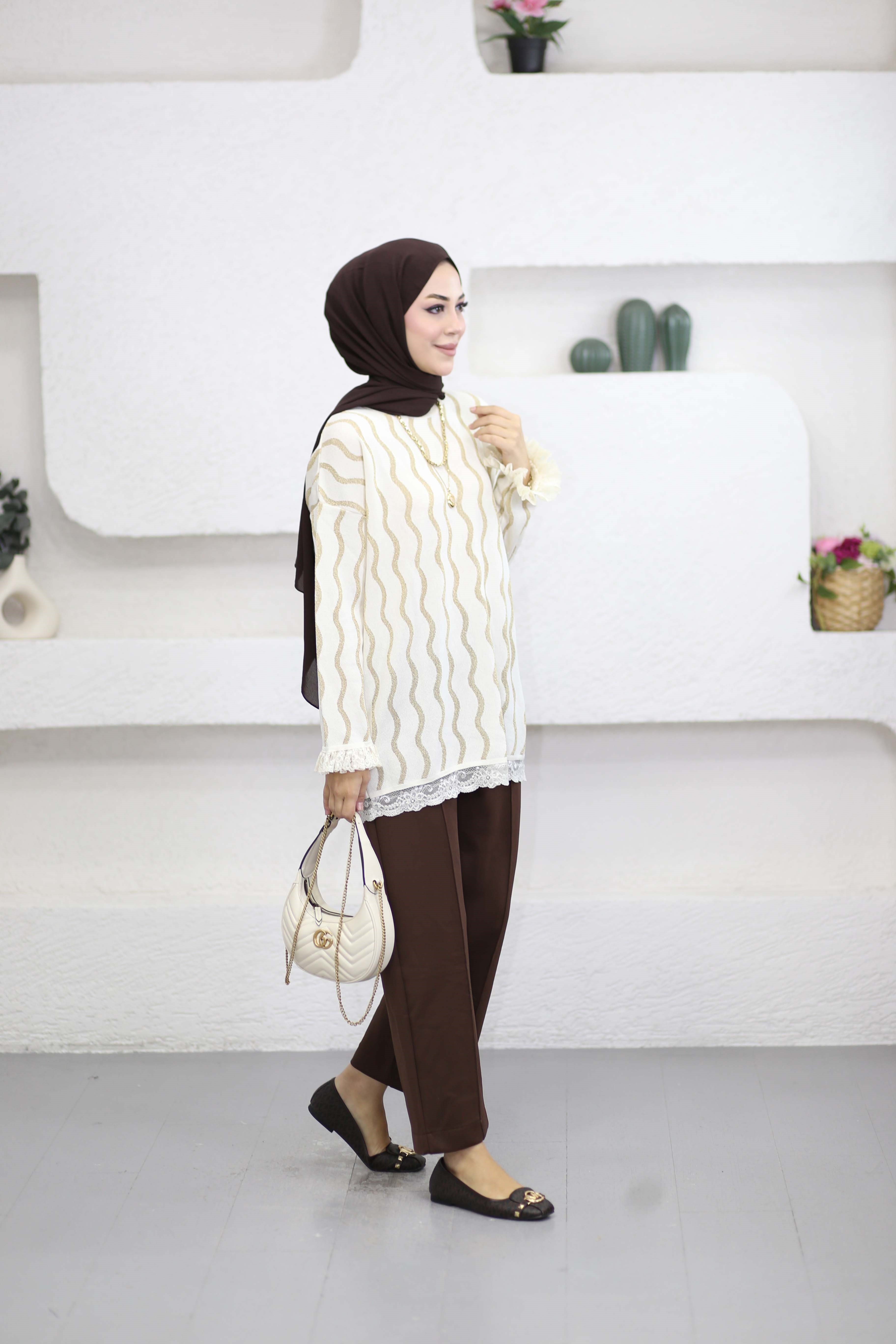 Dantell Dalga Desen Tunik Bej 44282