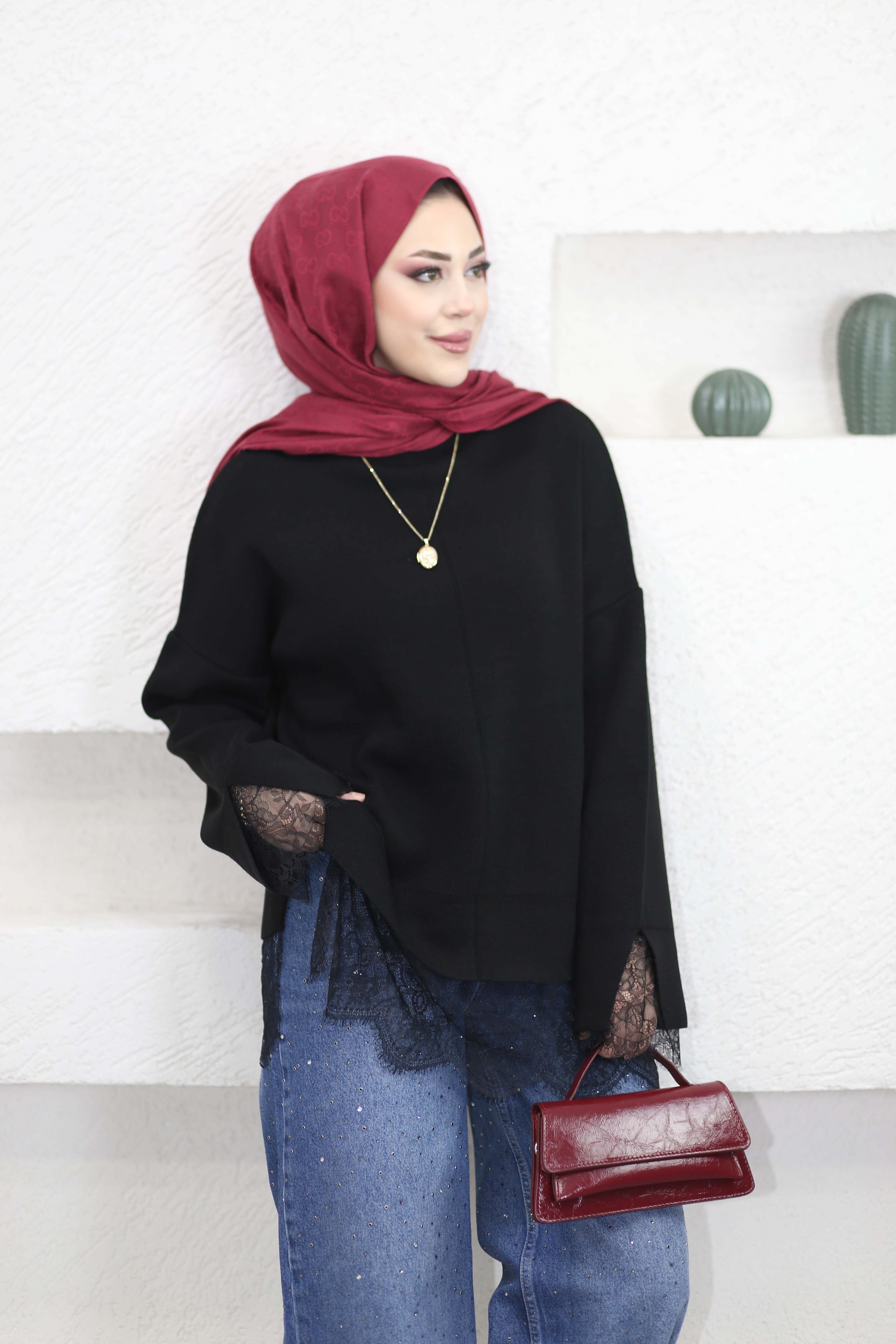 Dantel Detaylı Triko Tunik Siyah 0136