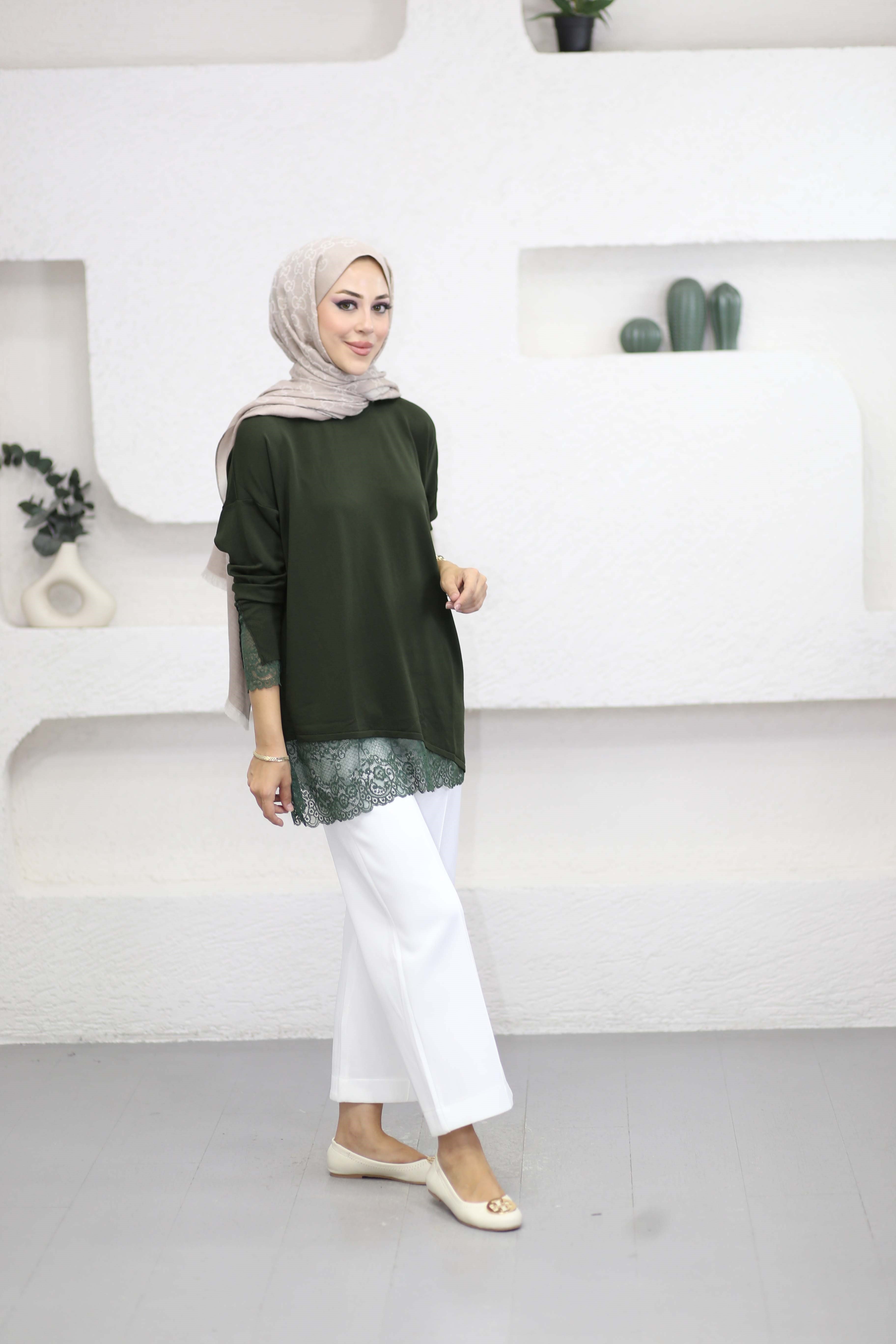 Etek Ucu Dantelli Triko Tunik Haki 44305