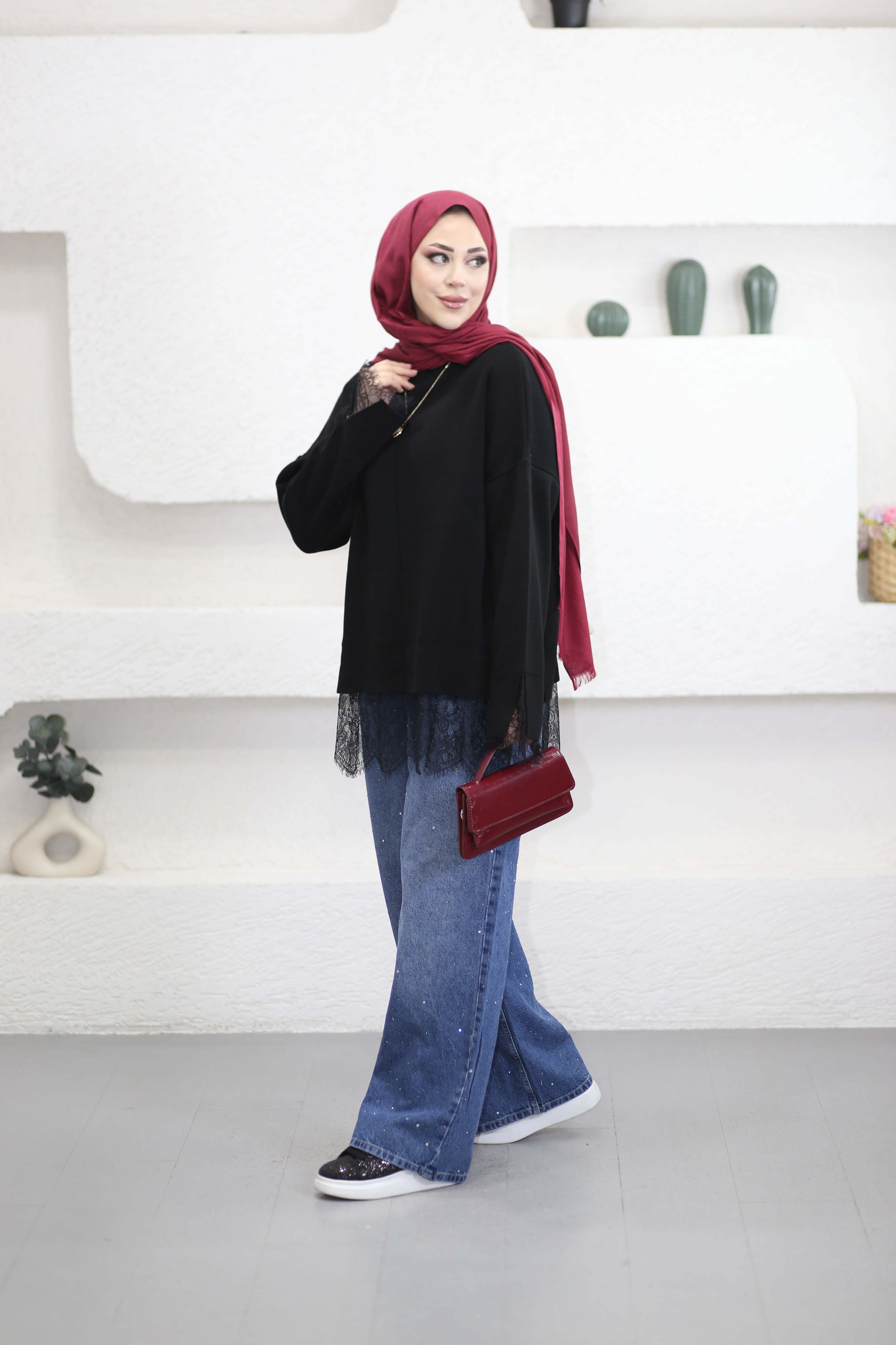 Dantel Detaylı Triko Tunik Siyah 0136