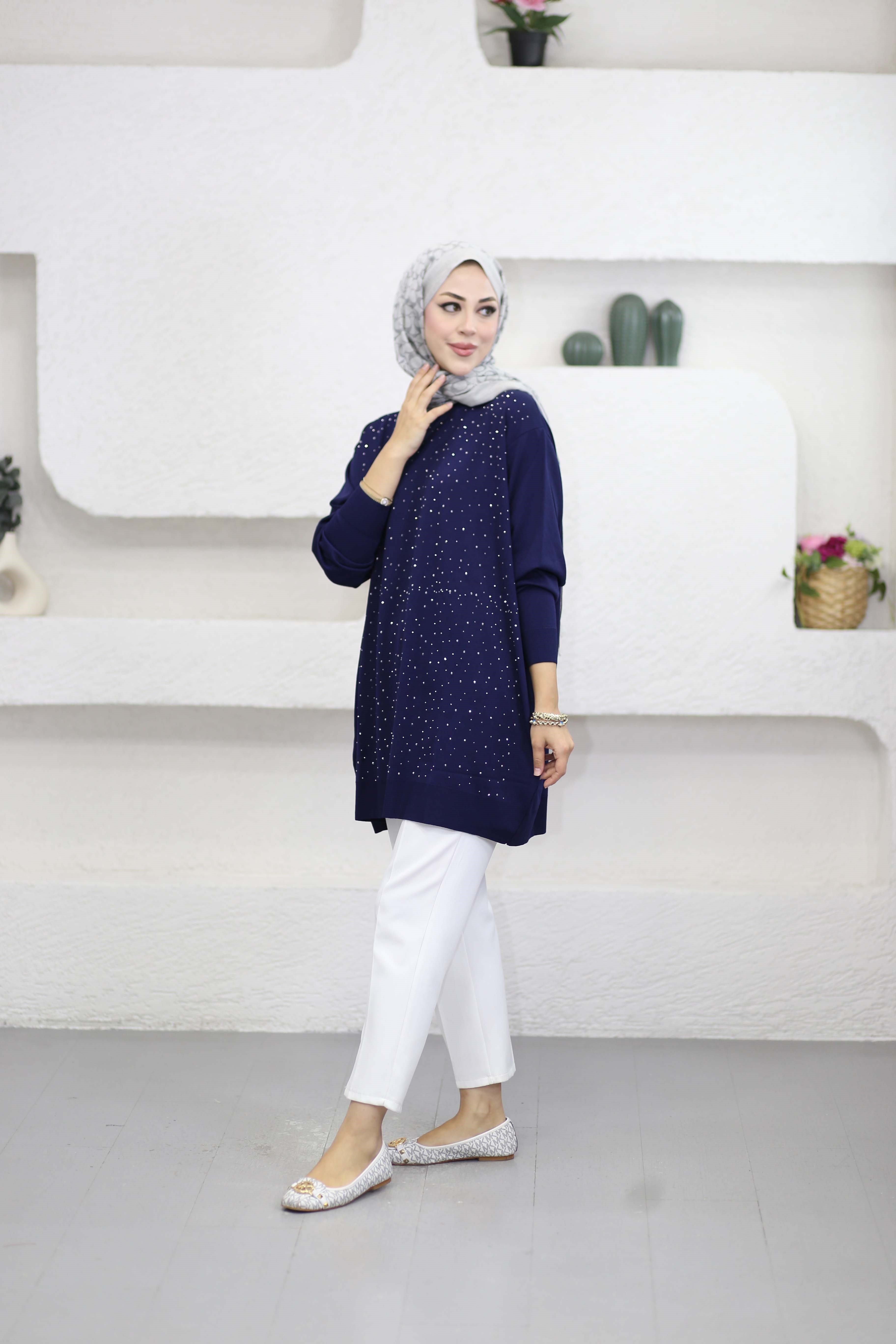 Taşlı Merserize Tunik Lacivert 2570