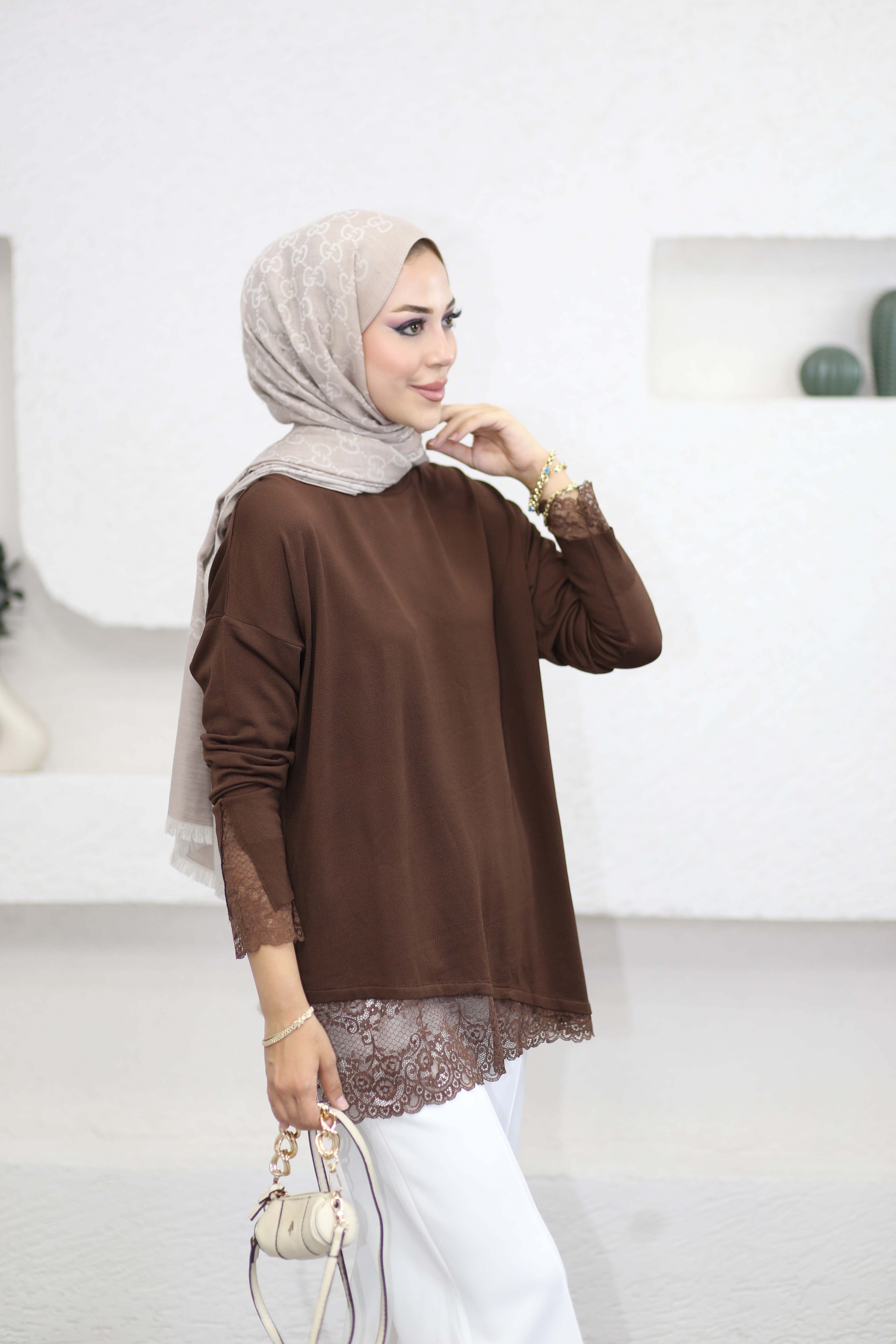 Etek Ucu Dantelli Triko Tunik Kahverengi 44305