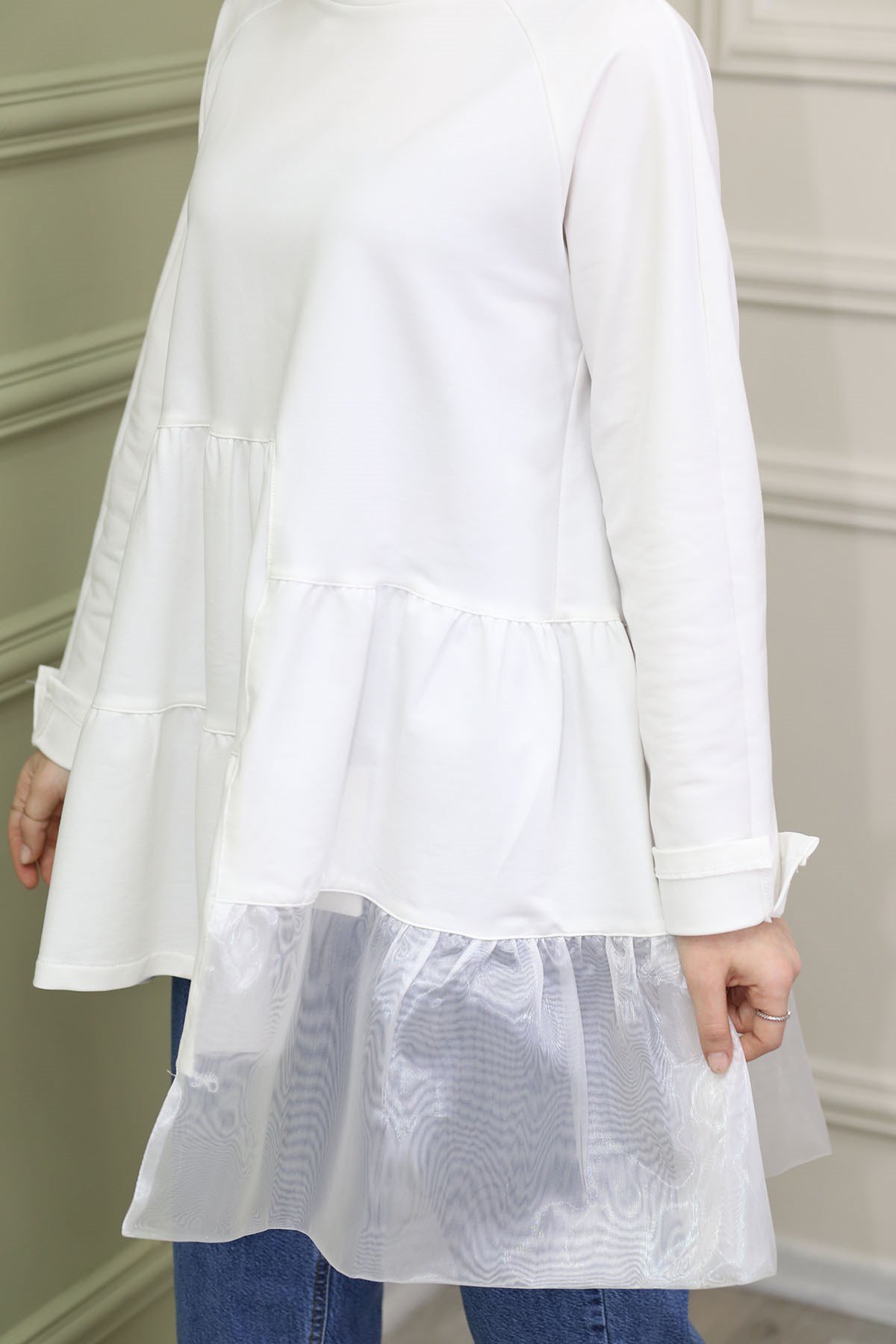 Organze Kat Detaylı Tunik Beyaz 8316