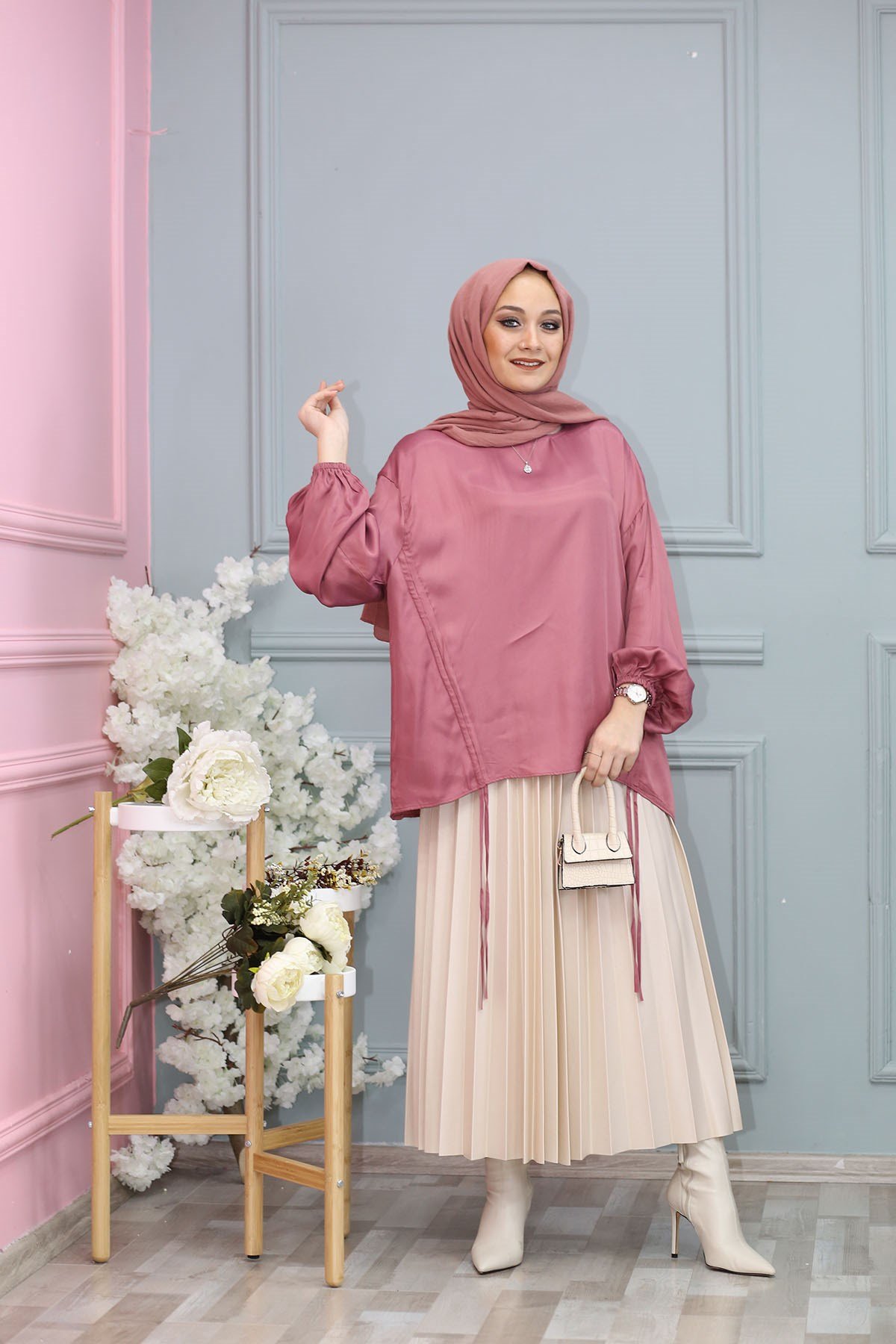 SATEN BLUZ PEMBE 6872