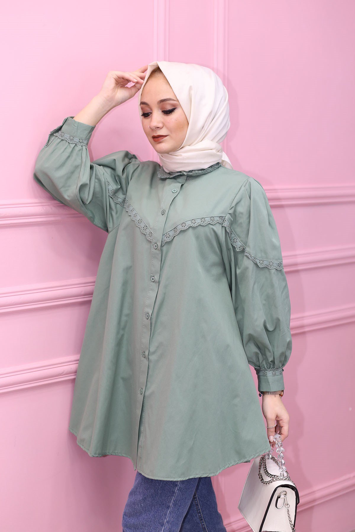 YAKA ÇİÇEK LAZER KESİM TUNİK ÇAĞLA YEŞİL  61172