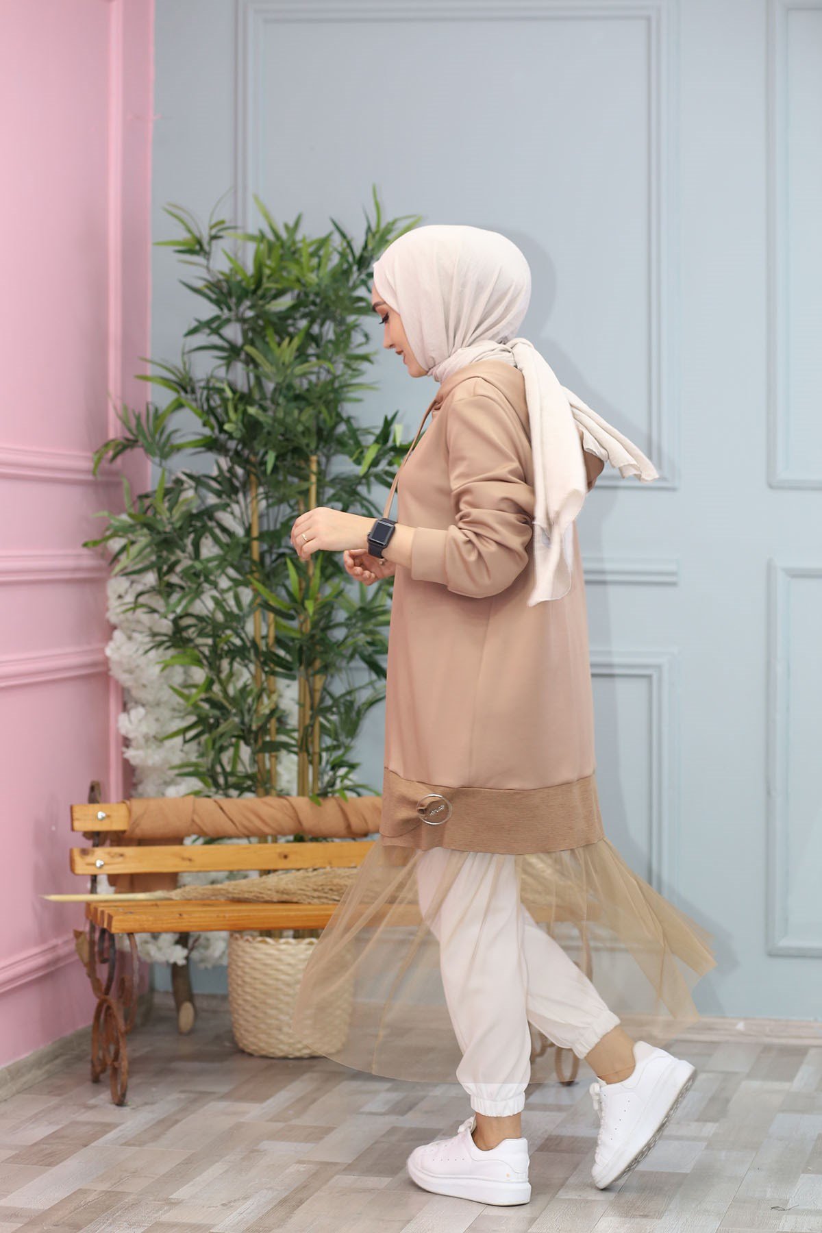 TÜL DETAYLI TUNİK CAMEL  4456