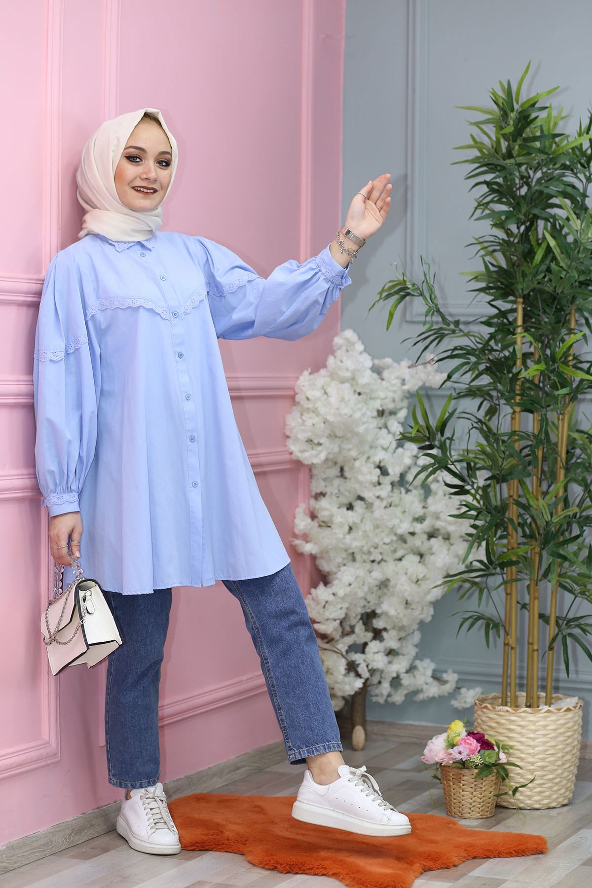 YAKA ÇİÇEK LAZER KESİM TUNİK MAVİ  61172