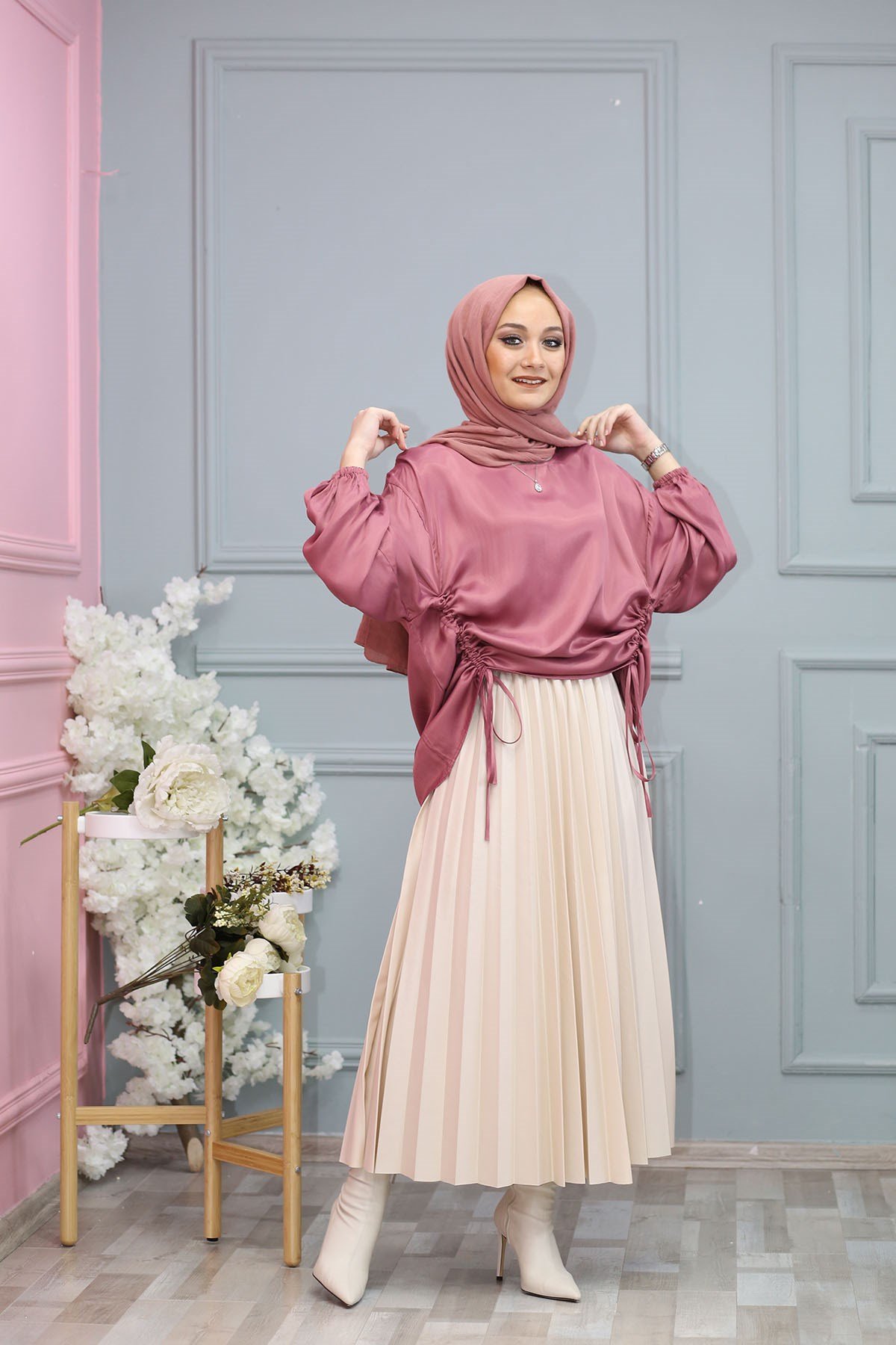 SATEN BLUZ PEMBE 6872